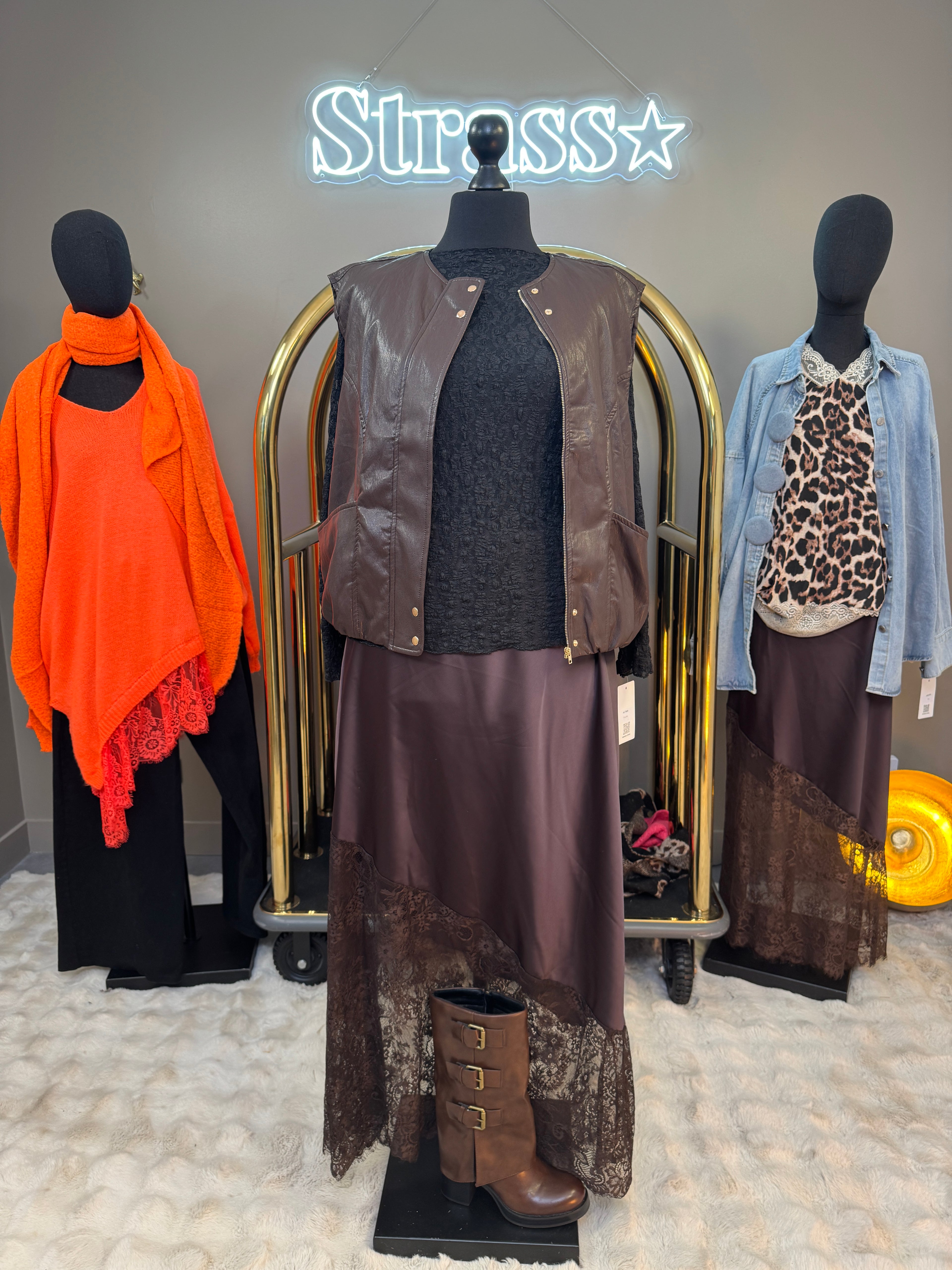 Jupe Satin et Dentelle Choco Grande Taille