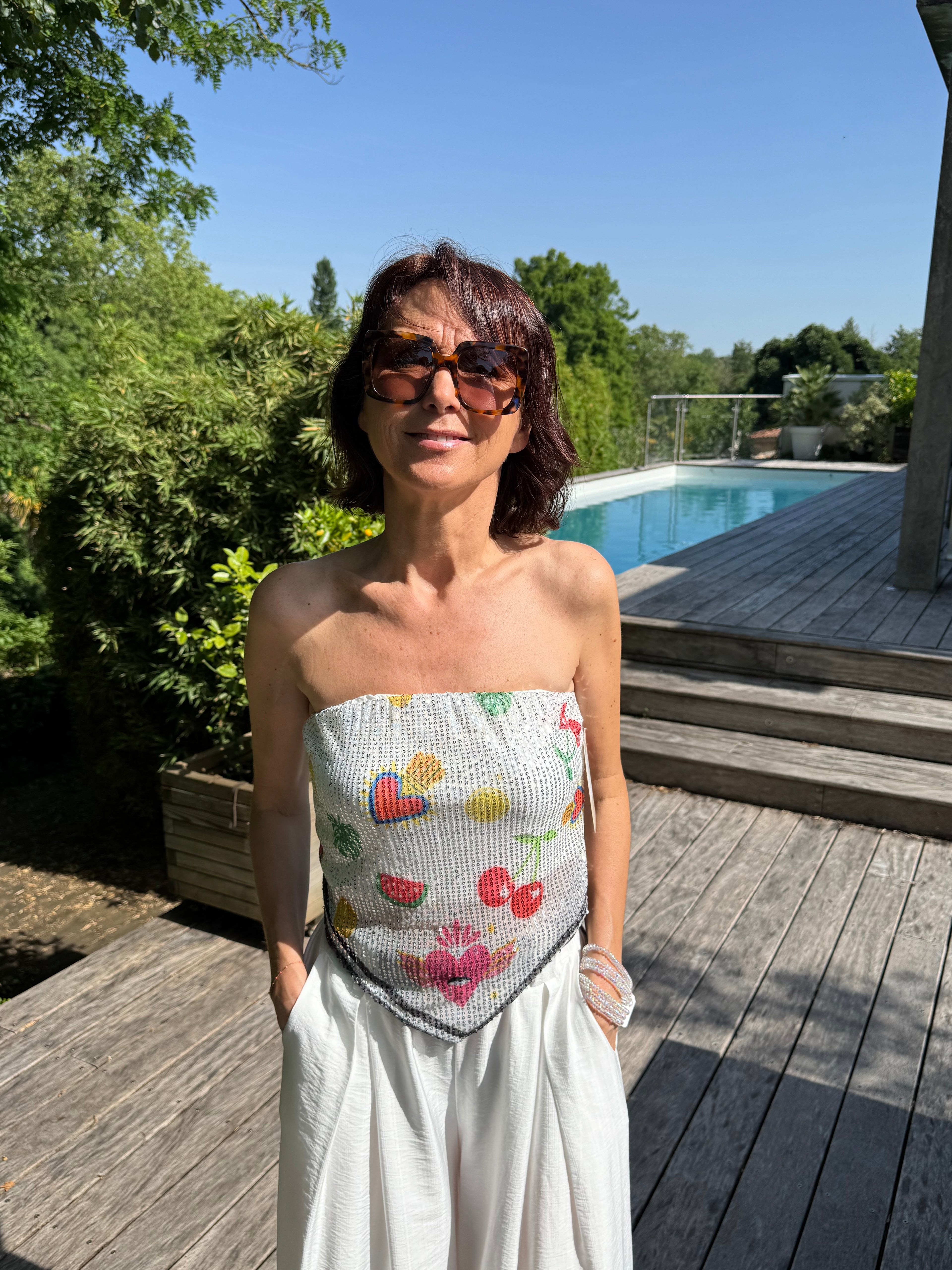 Top Paillettes Funny Blanc