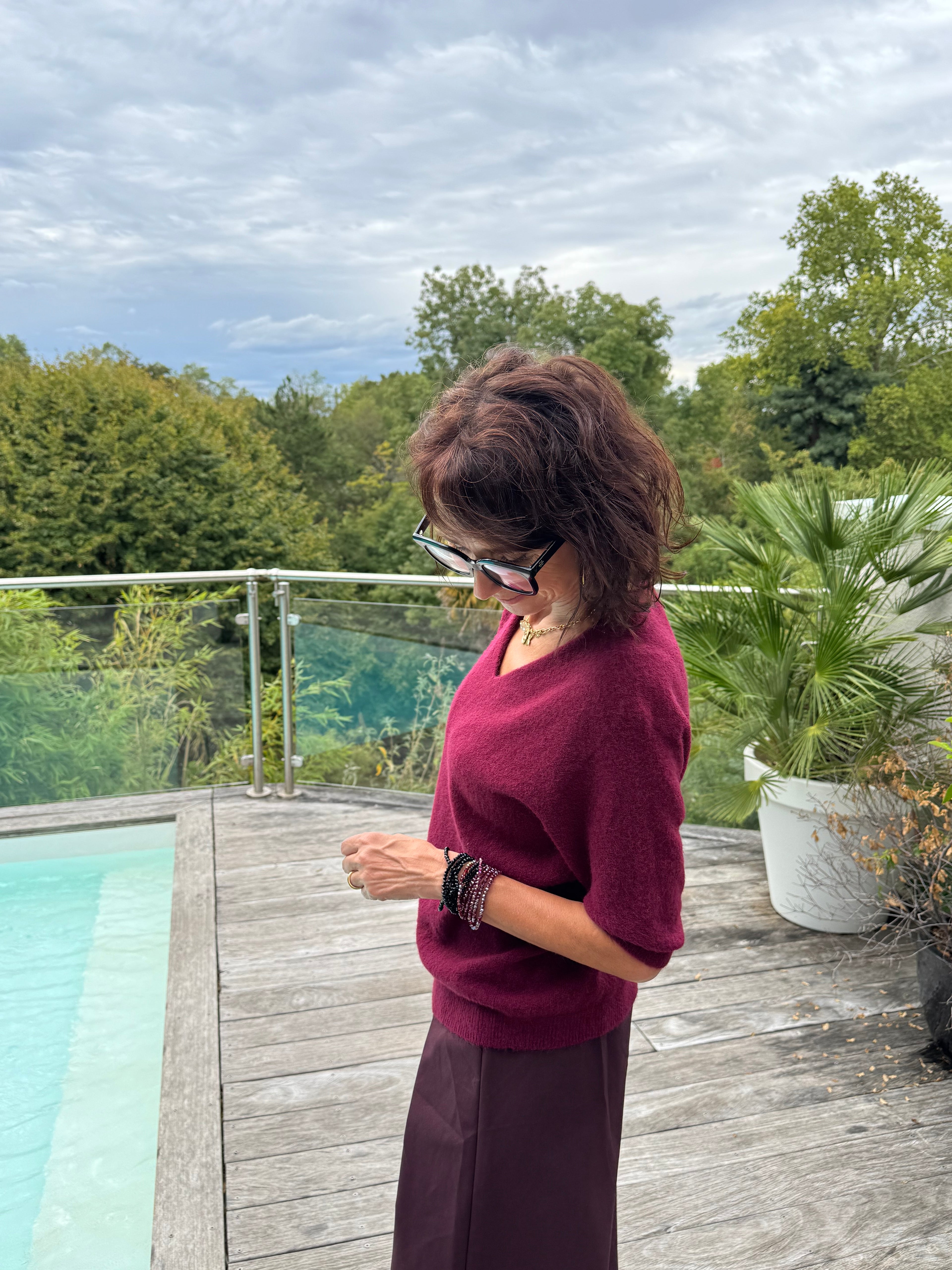 Pull Vincent Col V Manche Courte Bordeaux