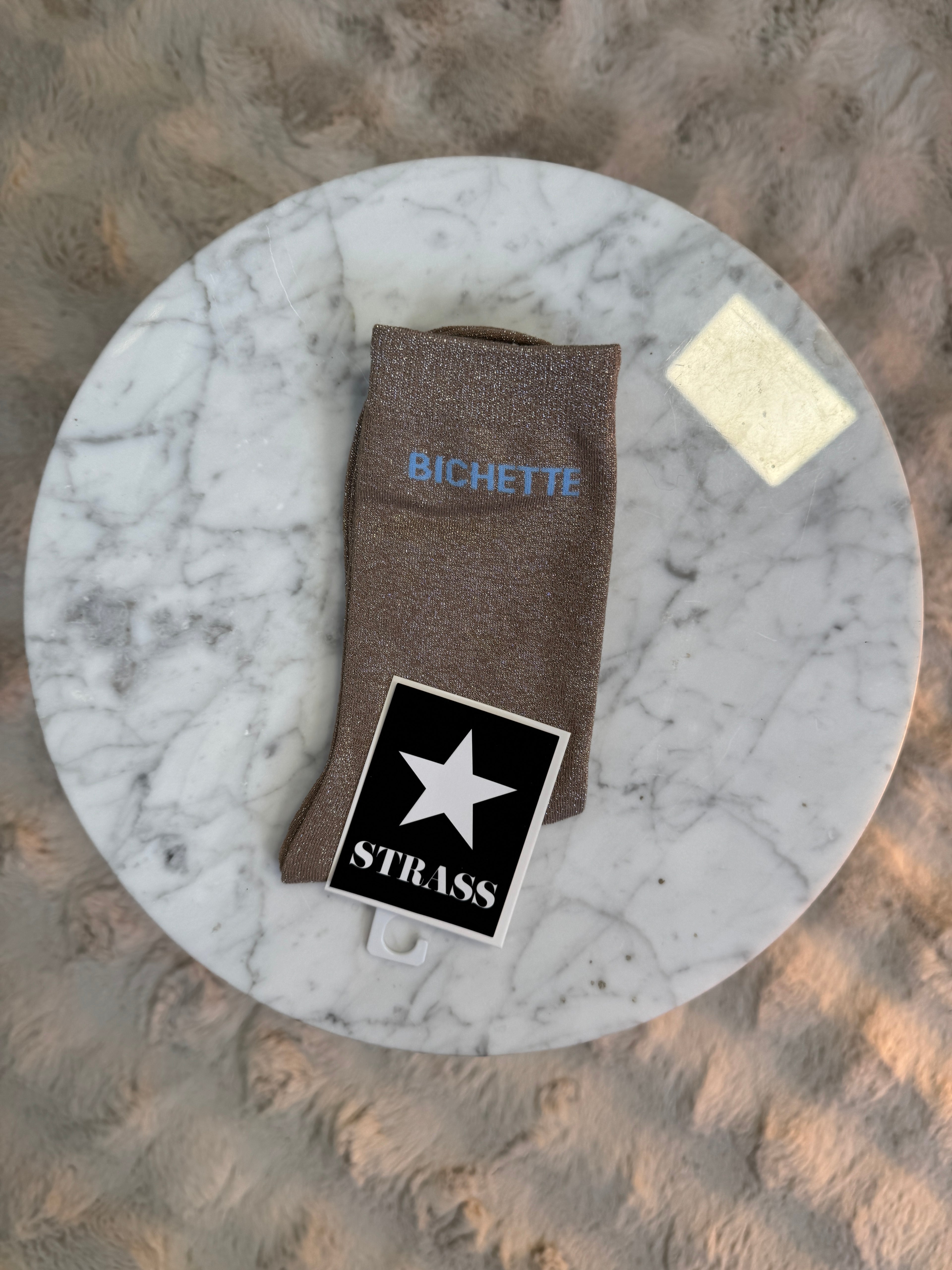 Chaussettes Bichette Taupe écriture Bleu