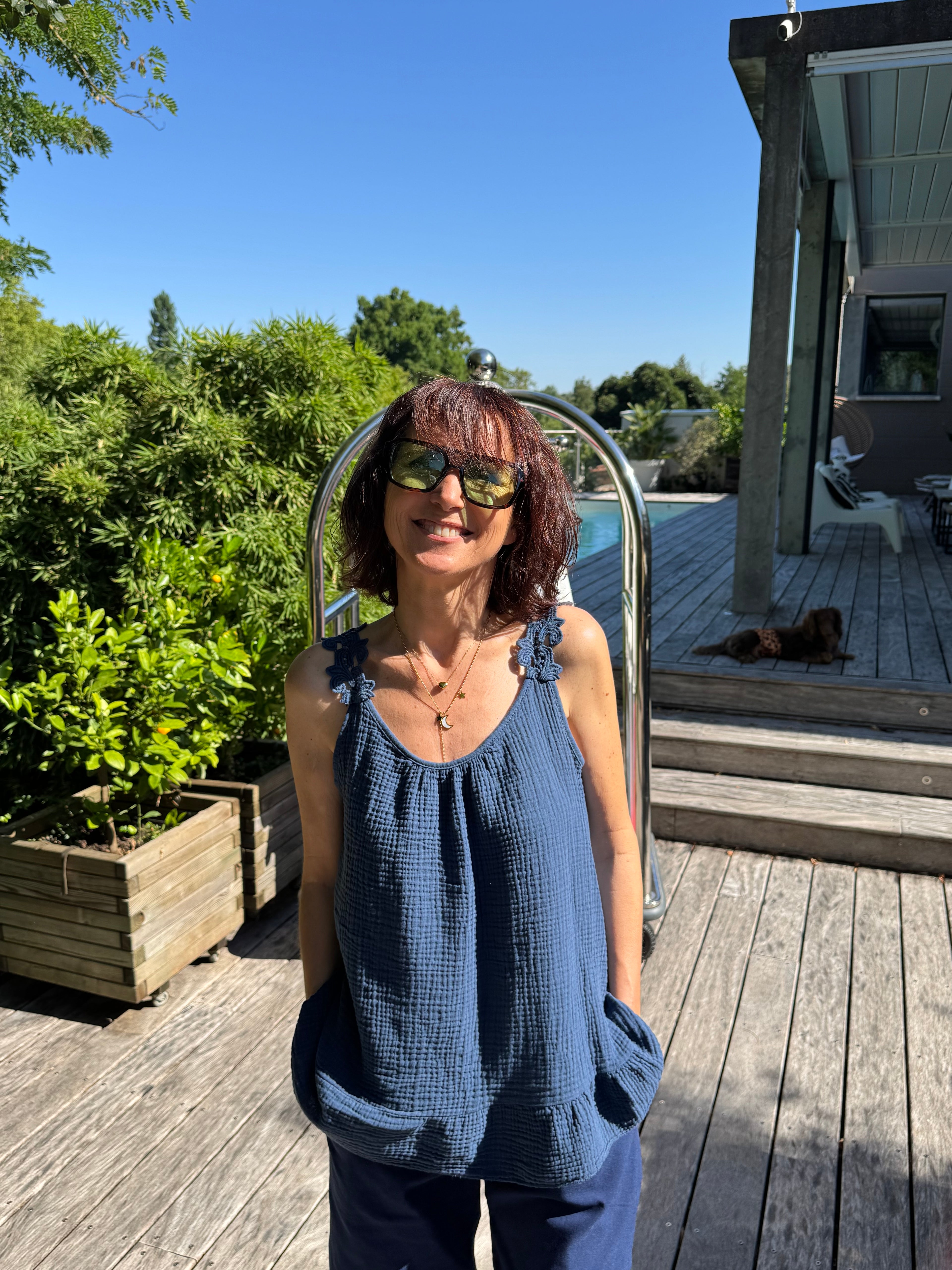 Débardeur Gaze de Coton et Passementerie Bleu Marine