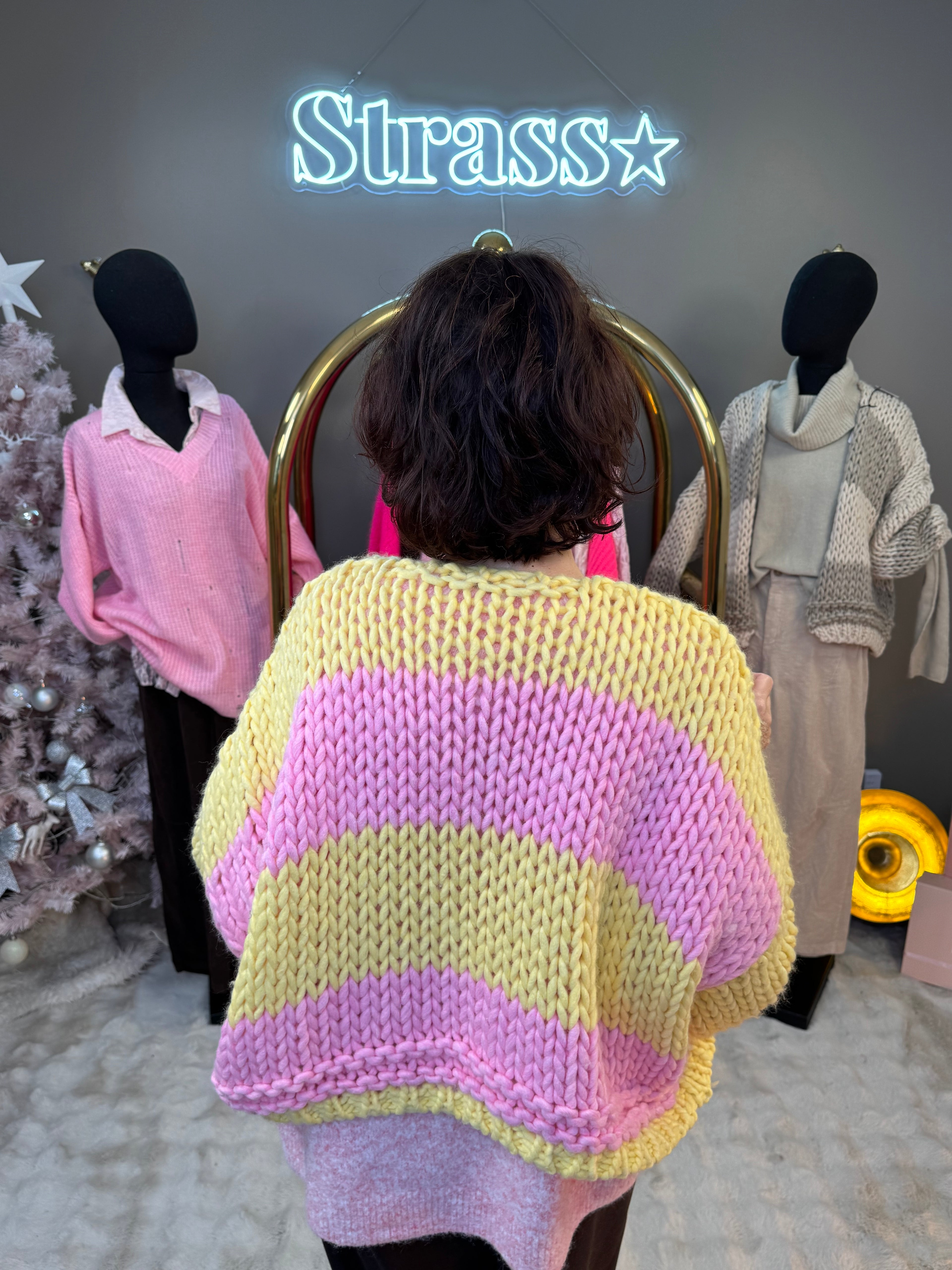 Gilet Grosse Maille Rose et Jaune