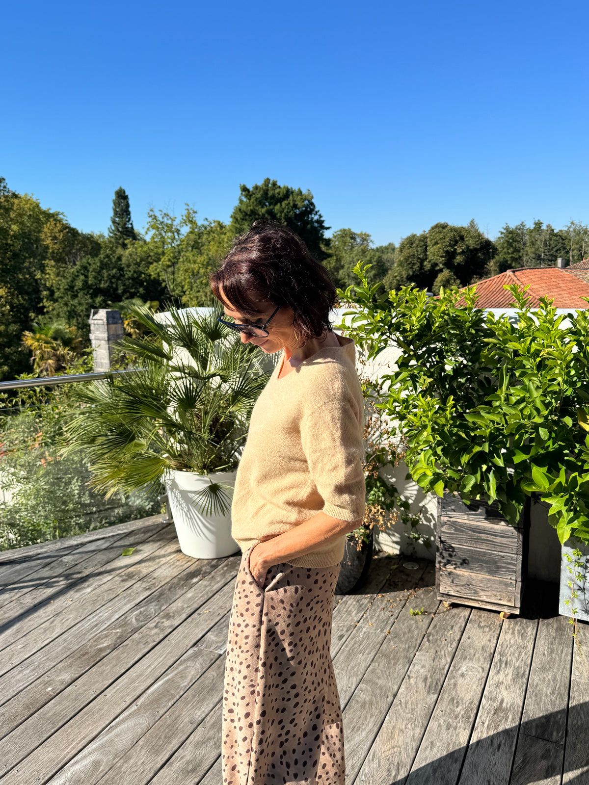 Pull Vincent Col V Manche Courte  Camel clair