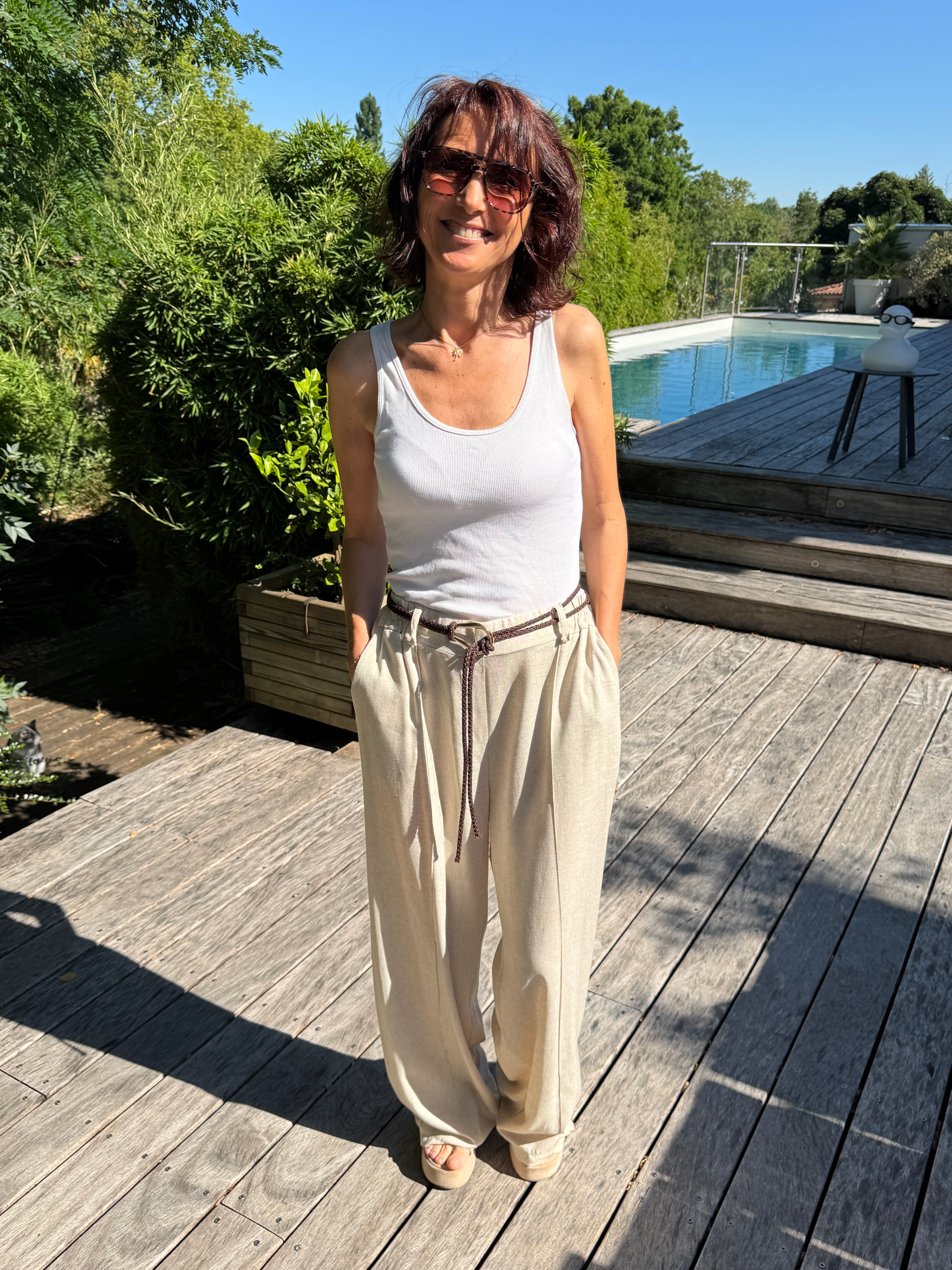 Pantalon Lin et Viscose Ceinture Beige