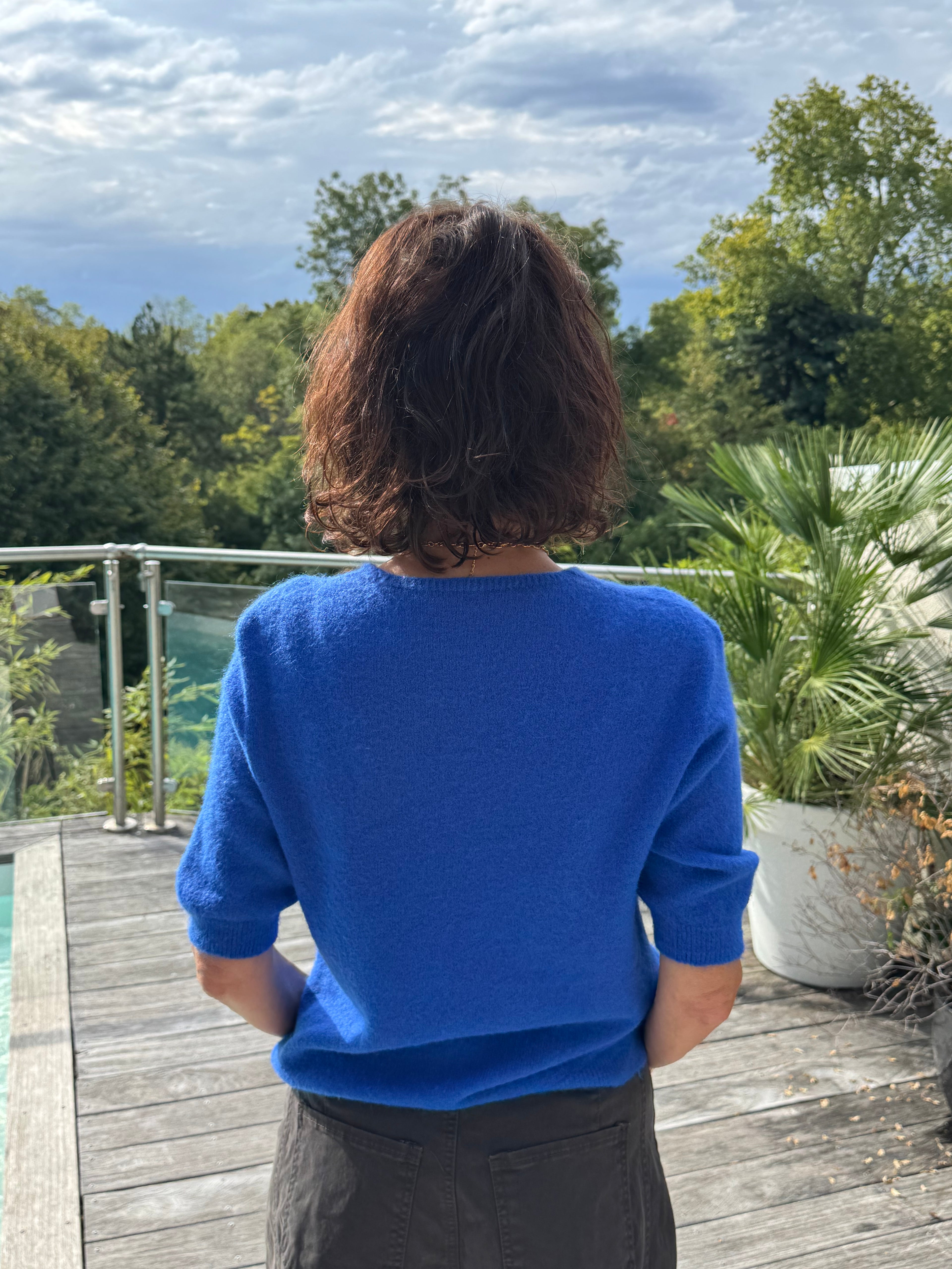 Pull Vincent Col V Manche Courte Bleu Majorelle