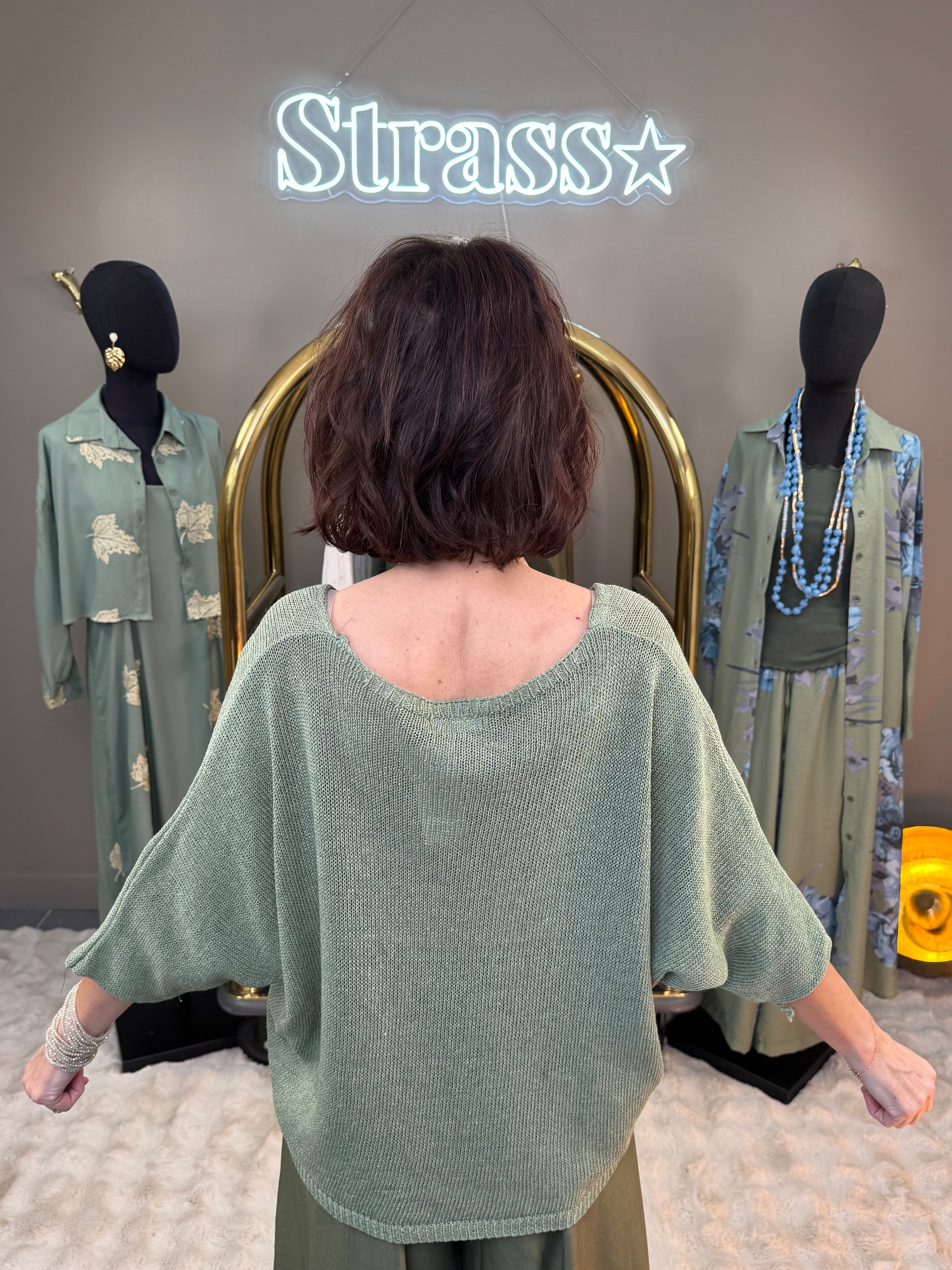 Pull Fleur Lamé Kaki