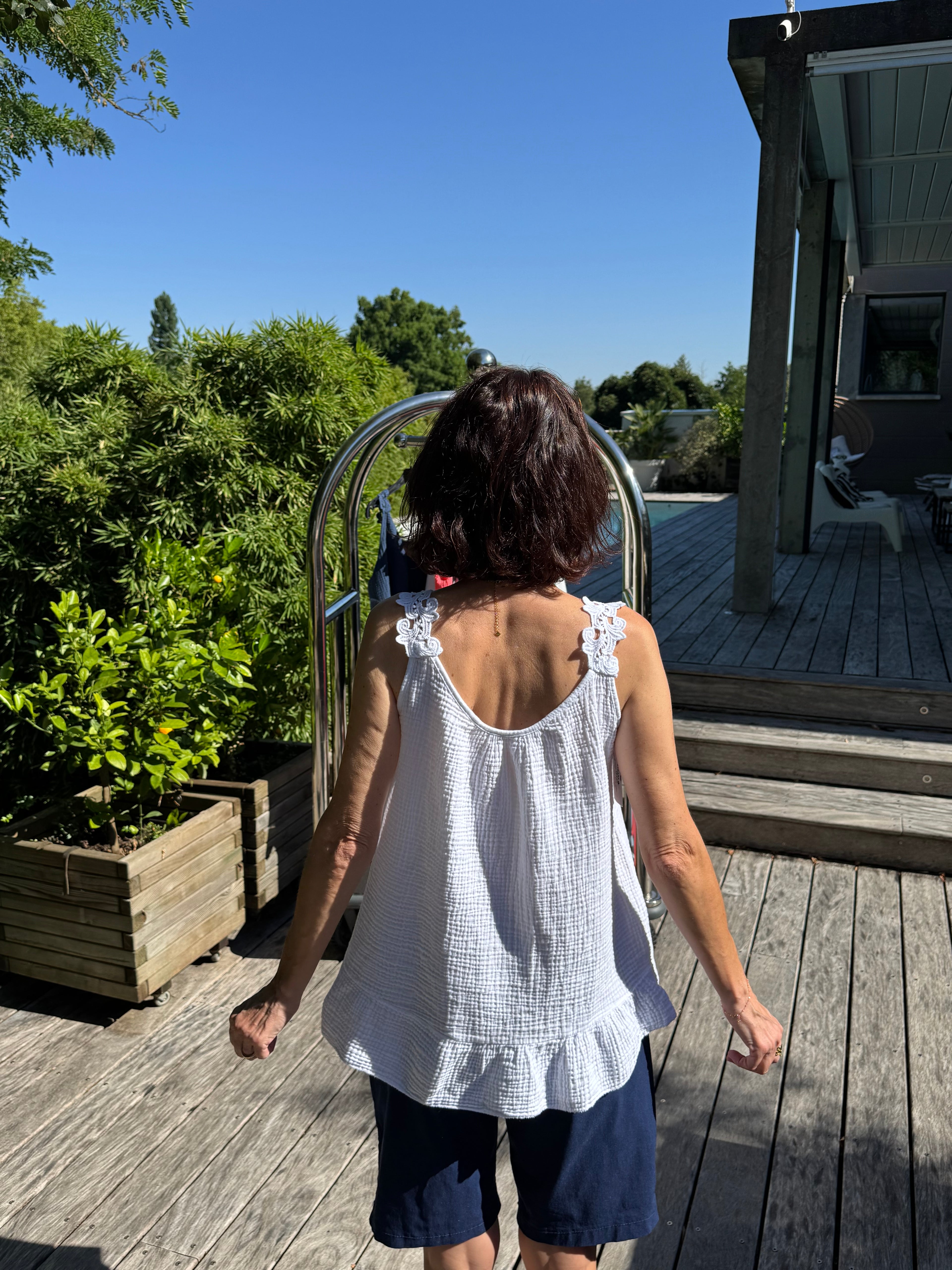 Débardeur Gaze de Coton et Passementerie Blanc