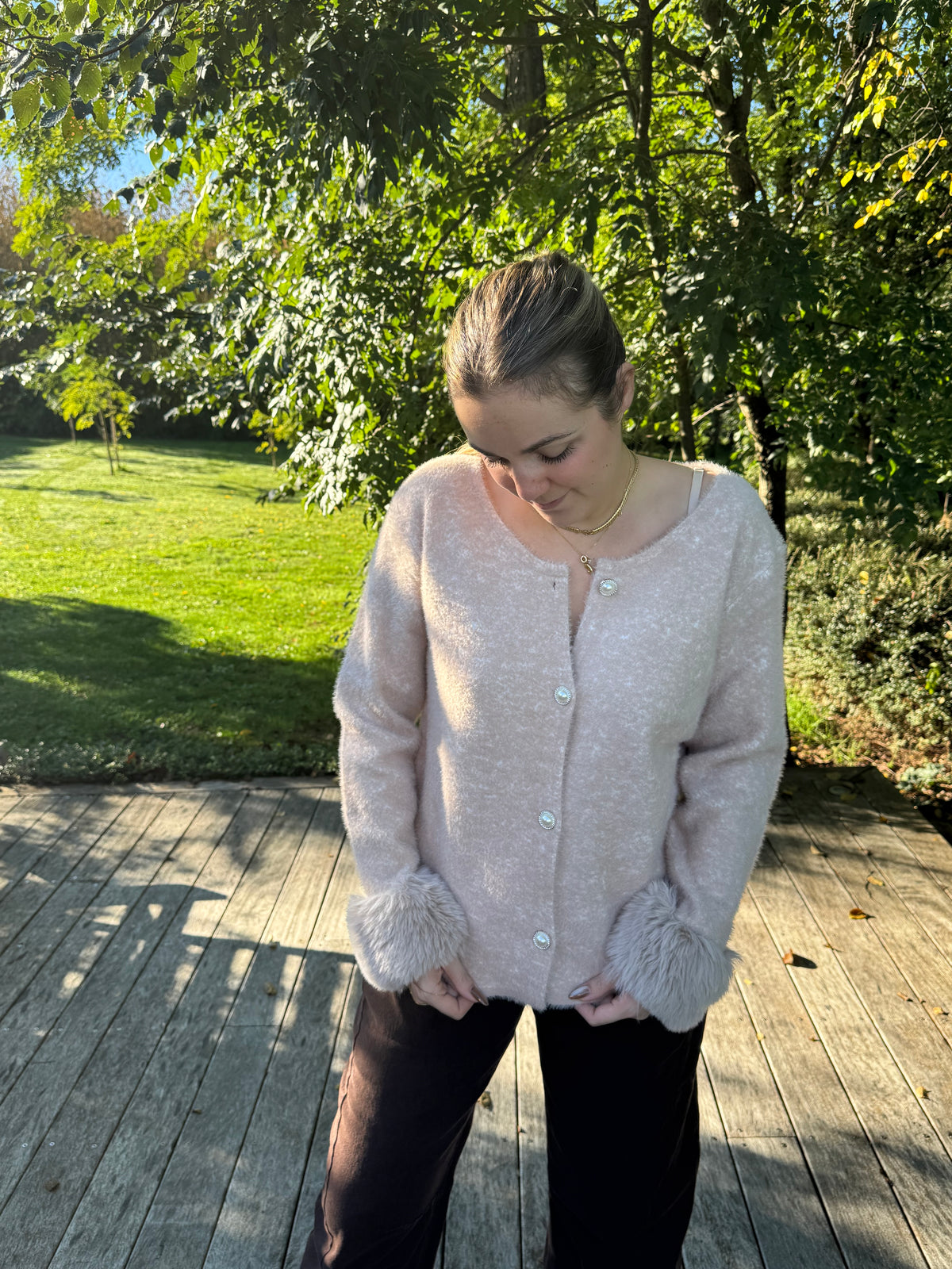 Gilet poignet fourrure beige