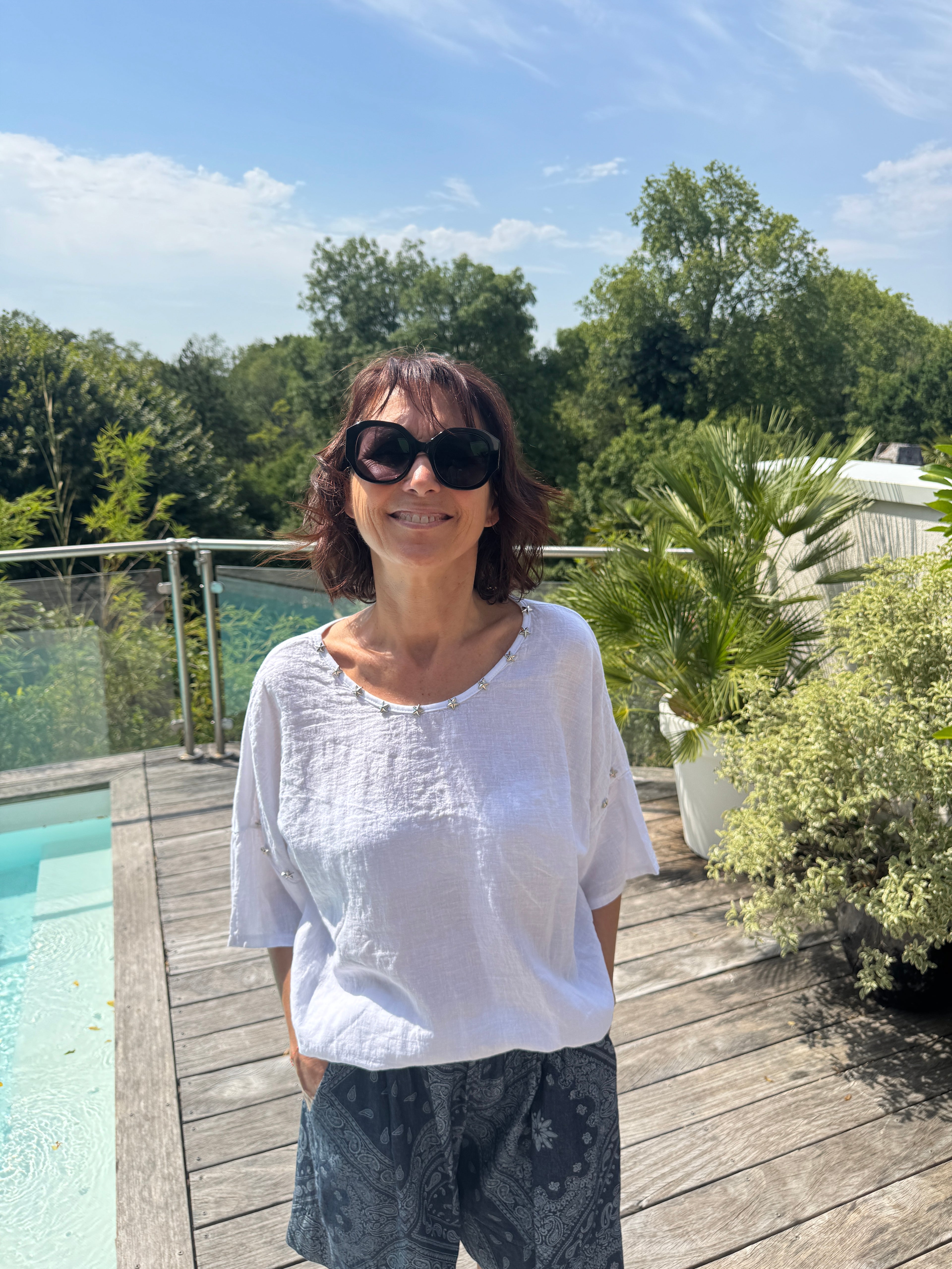 T Shirt Lin Étoiles Blanc