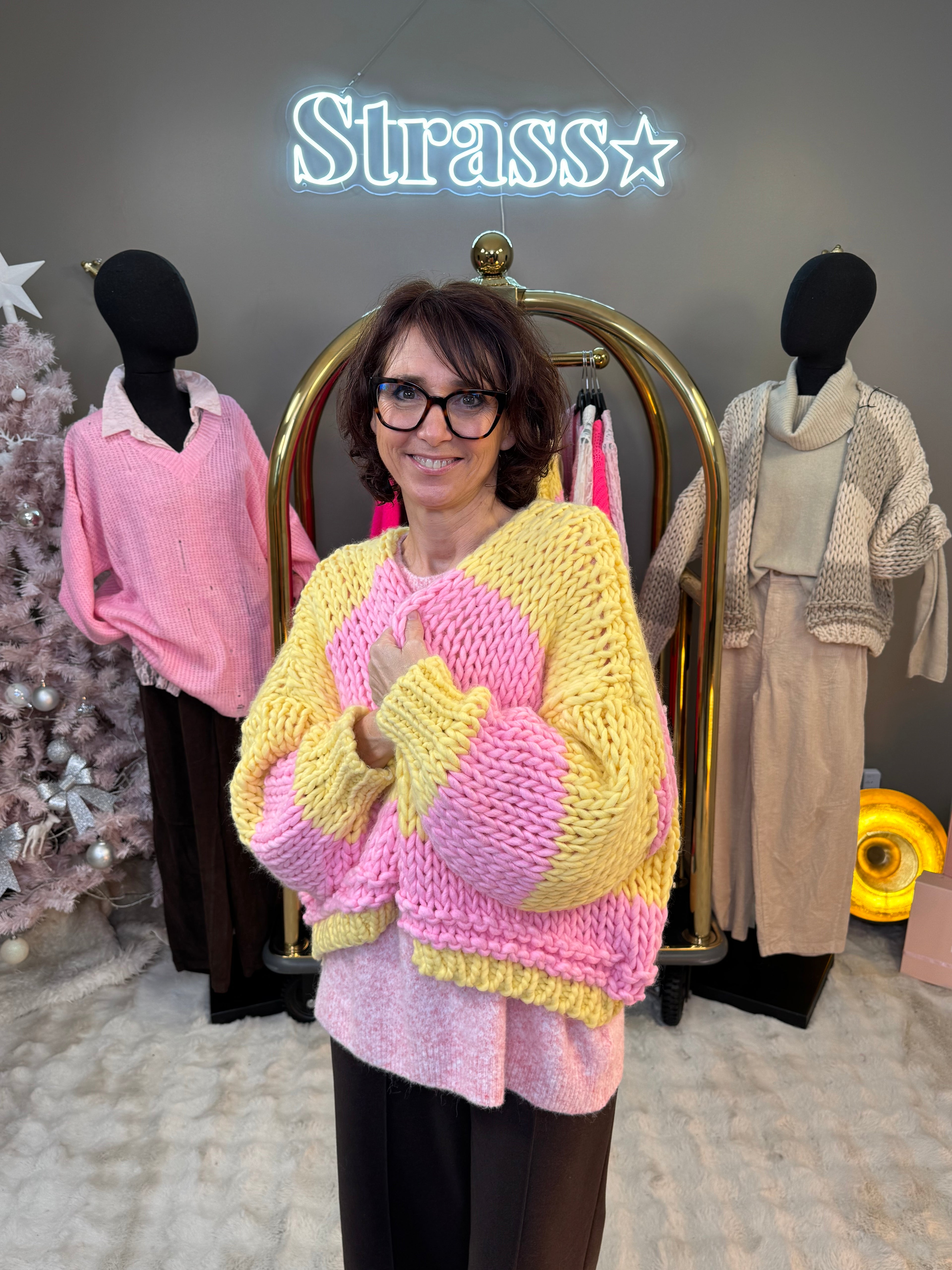 Gilet Grosse Maille Rose et Jaune