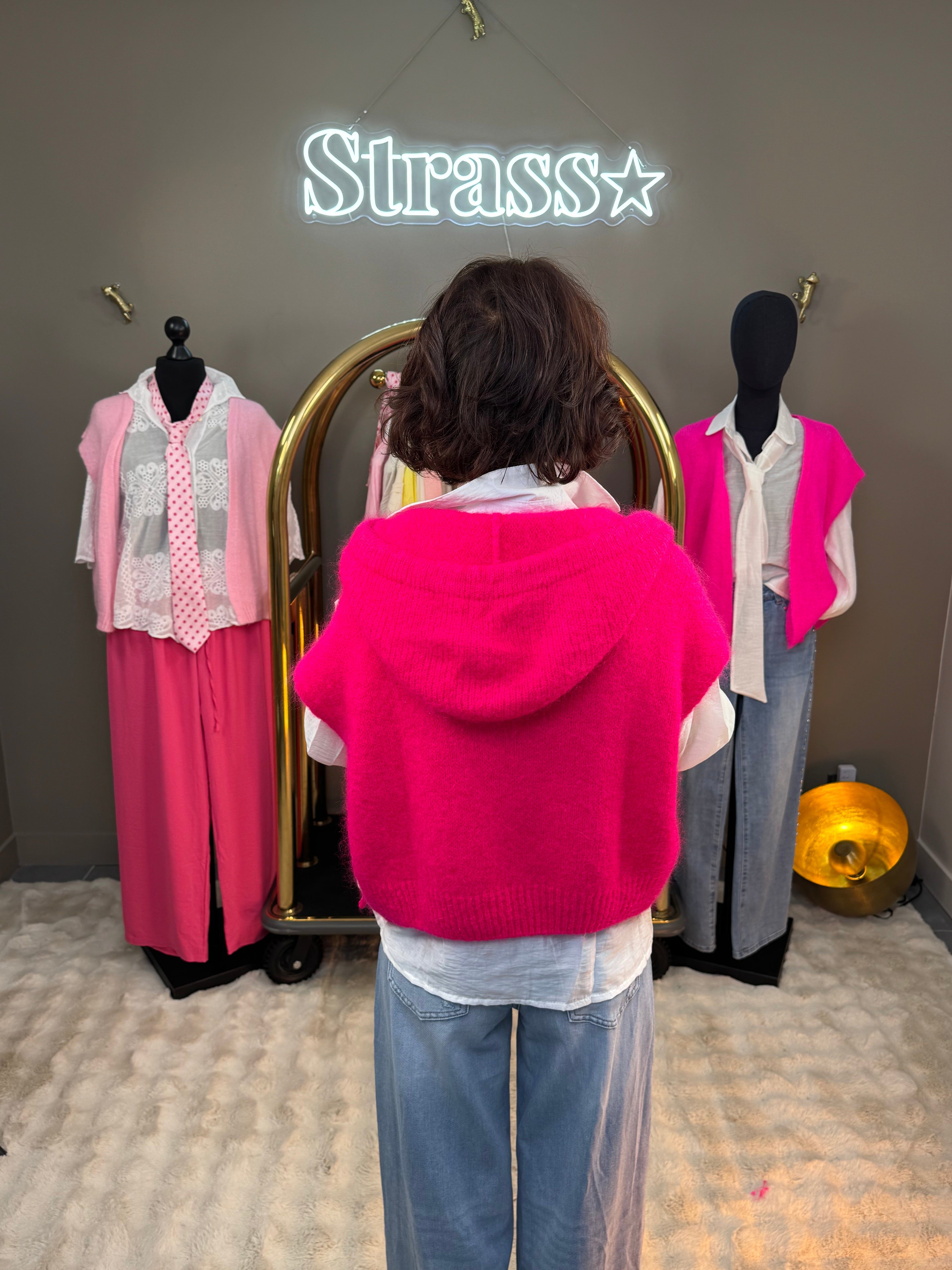 Gilet Mohair Capuche Rose Fluo