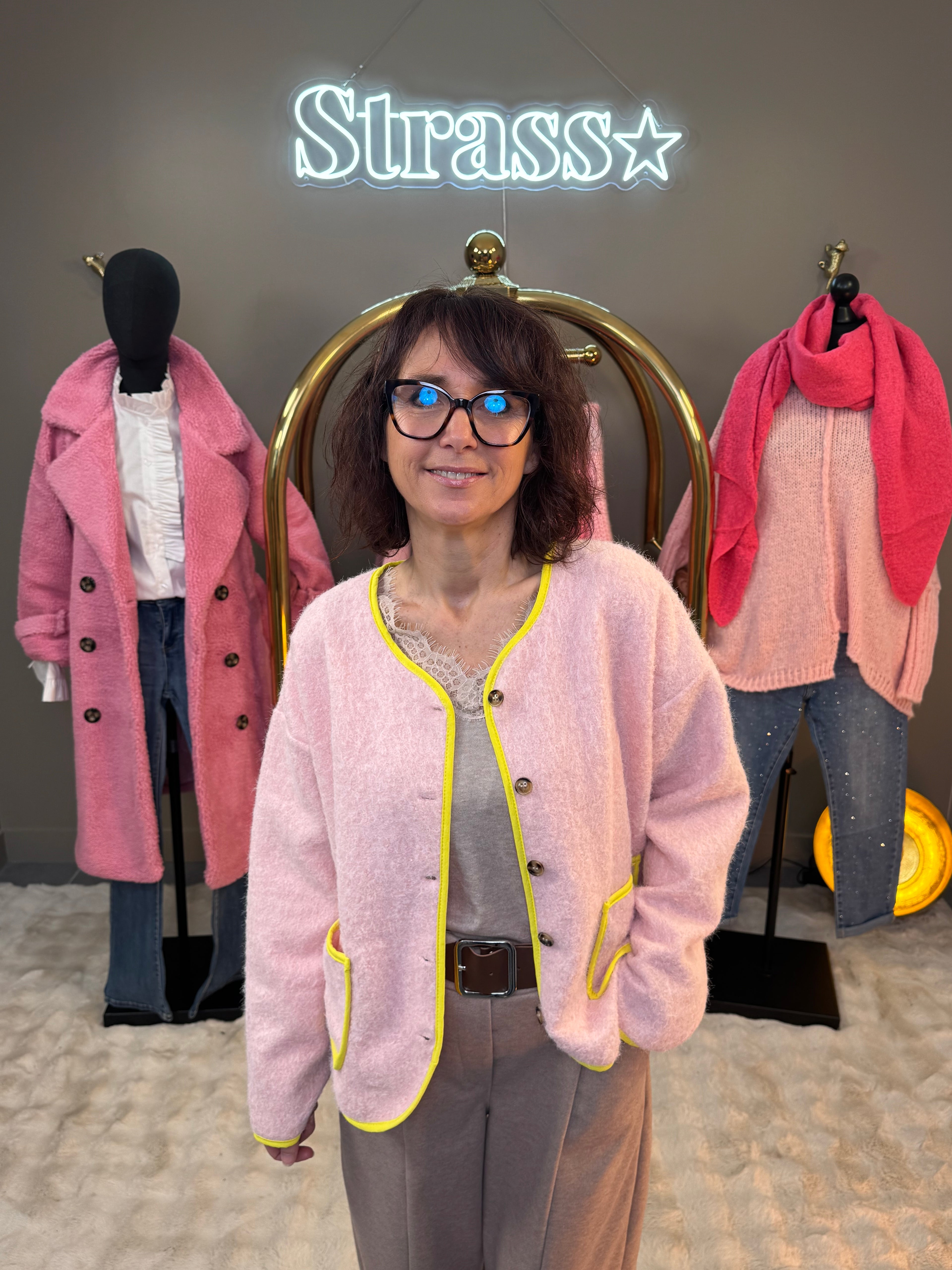 Veste Laine Rase Rose et Jaune Fluo