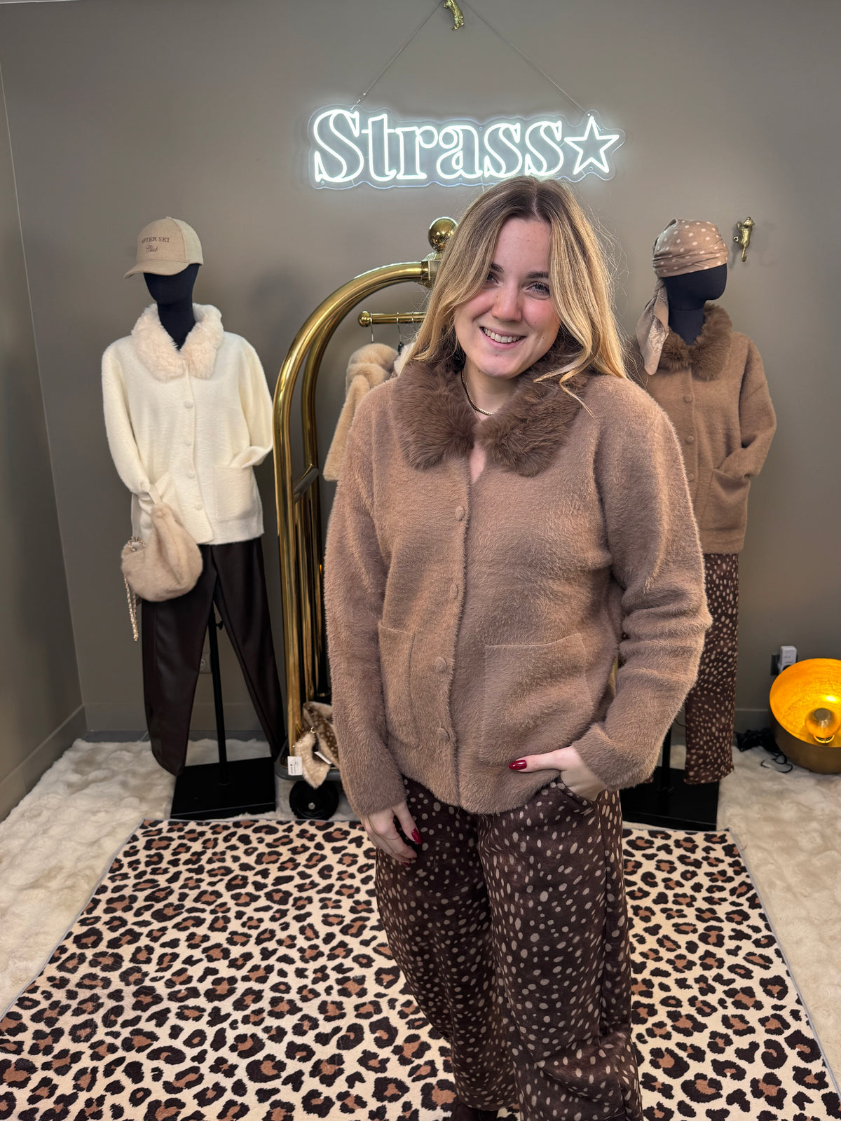 Gilet col fourrure taupe