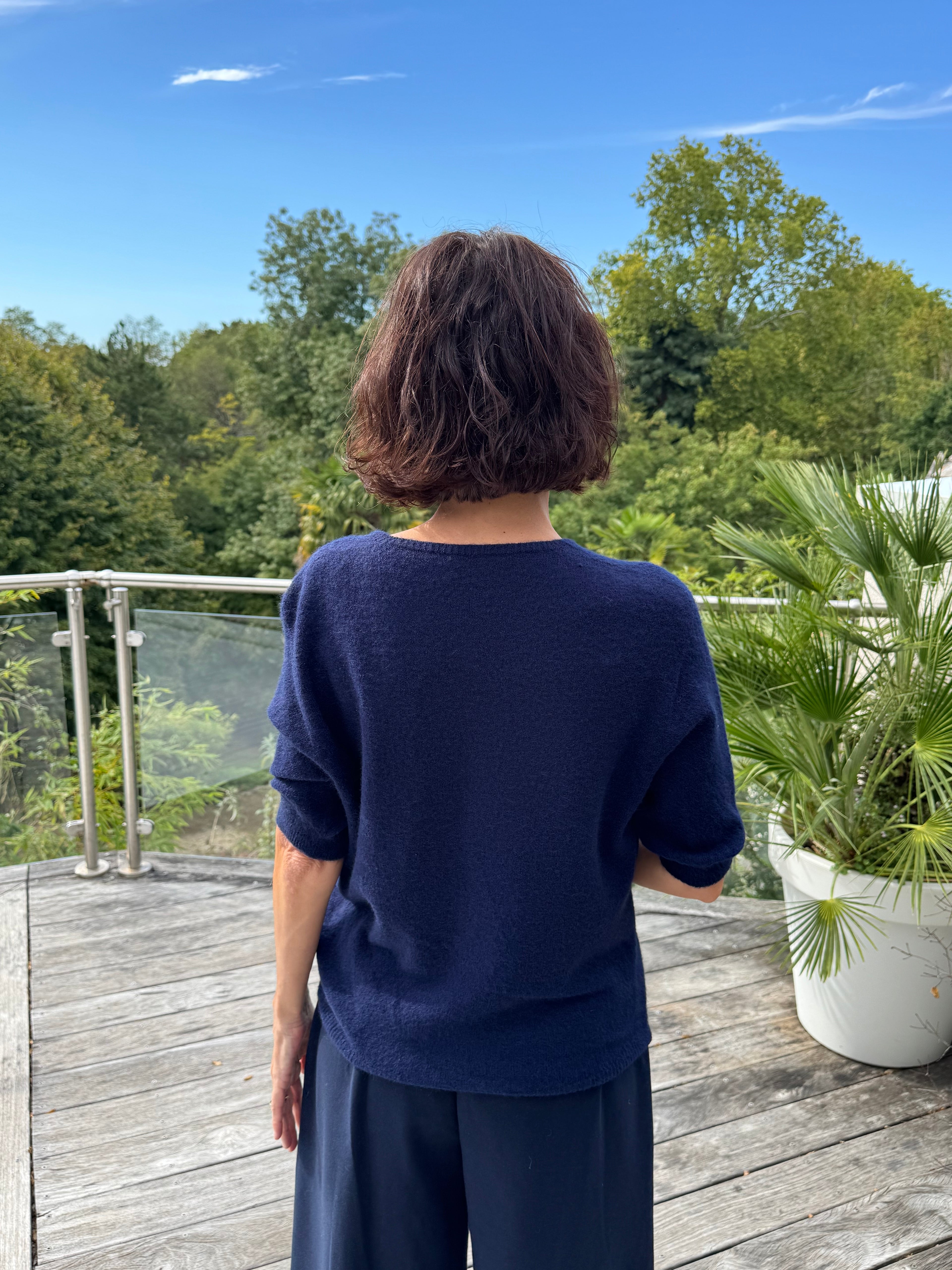 Pull Vincent Col V Manche Courte Bleu Marine