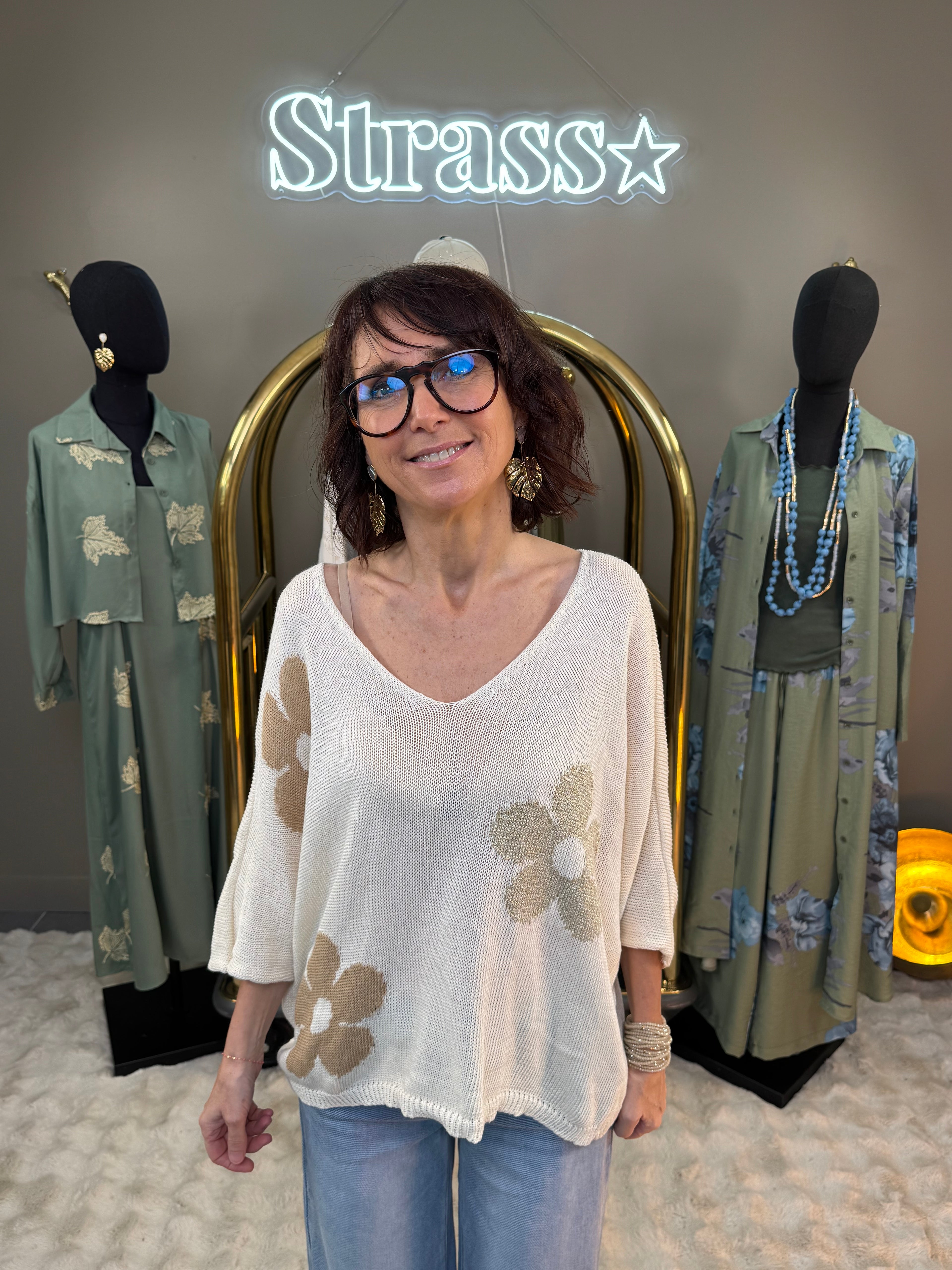 Pull Fleur Lamé Beige