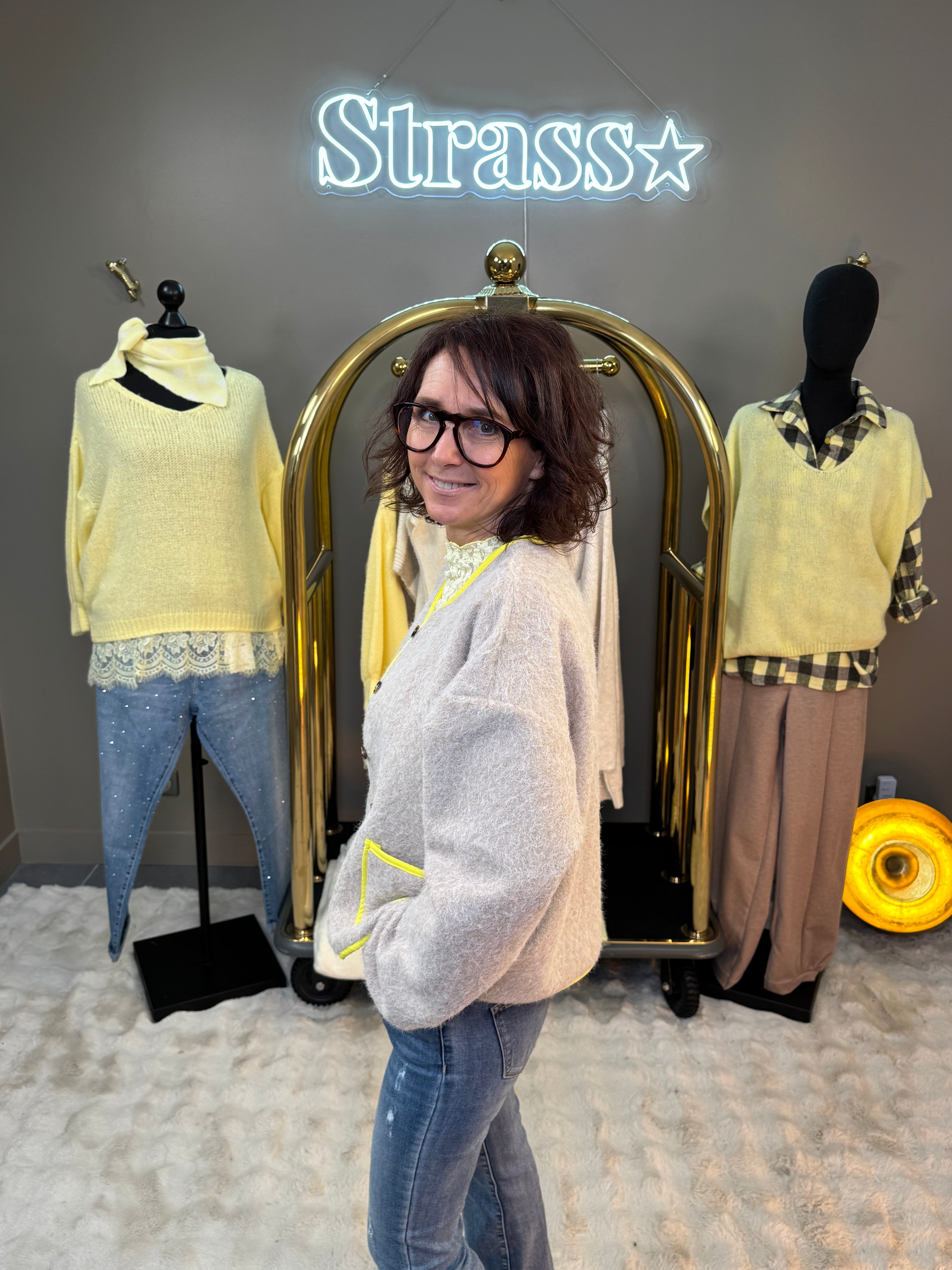 Veste Laine Rase Beige et Jaune Fluo