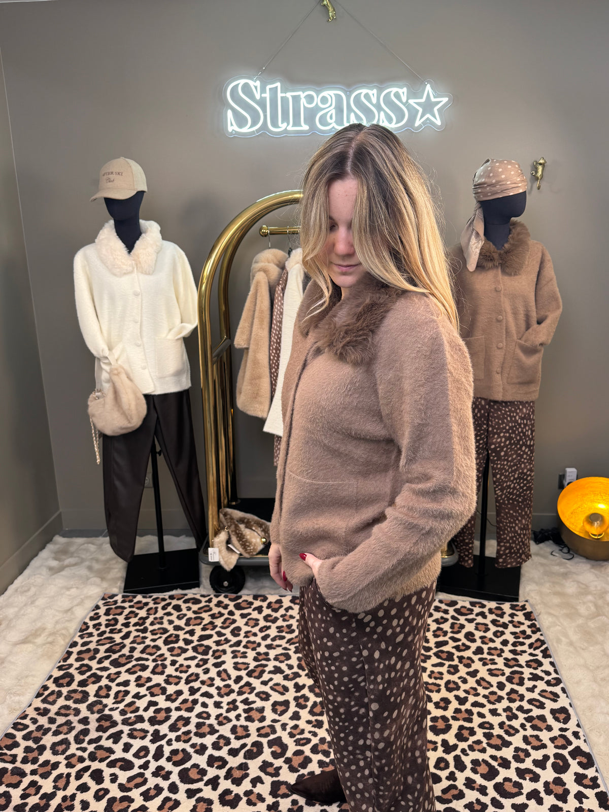 Gilet col fourrure taupe