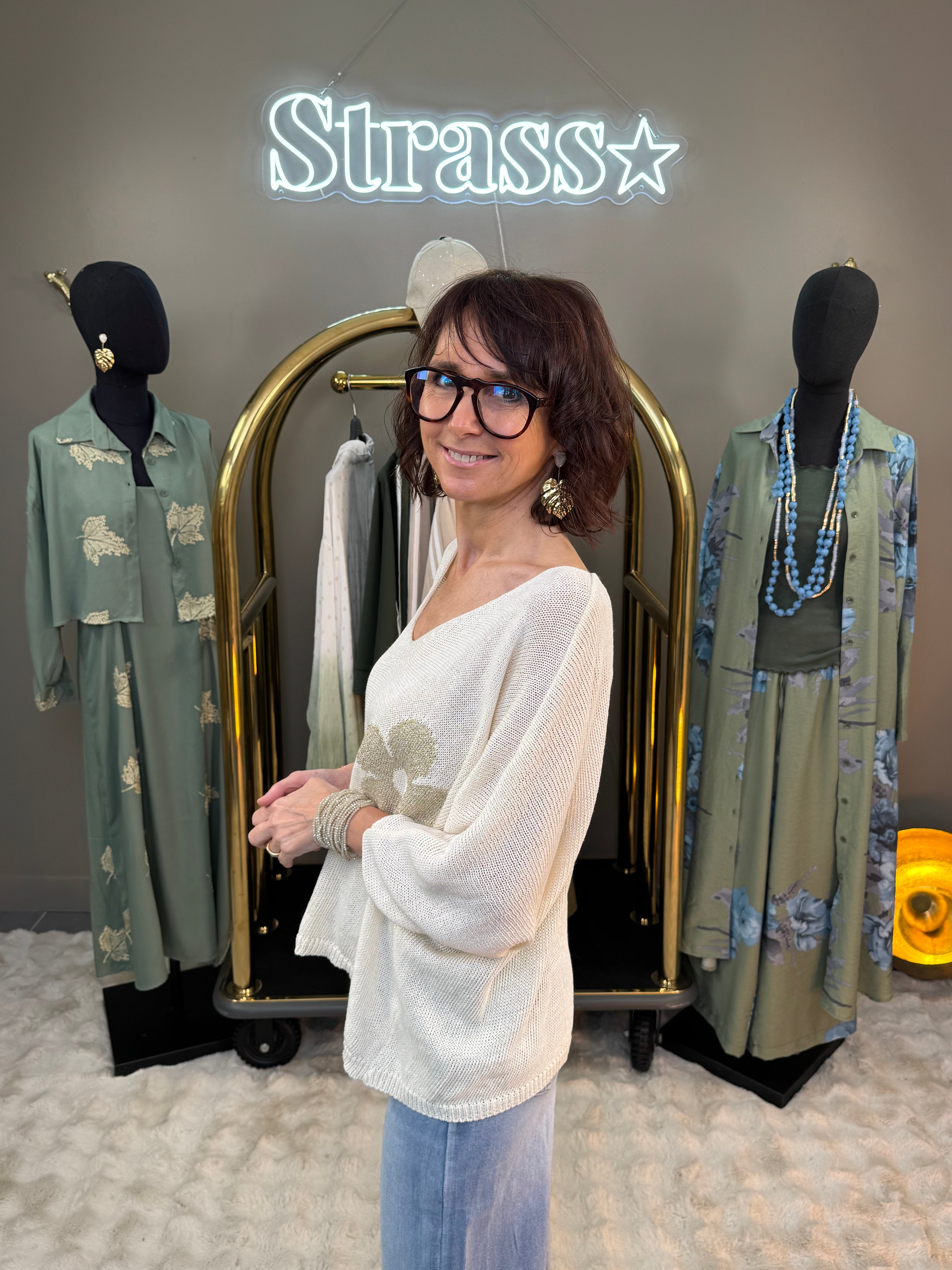 Pull Fleur Lamé Beige