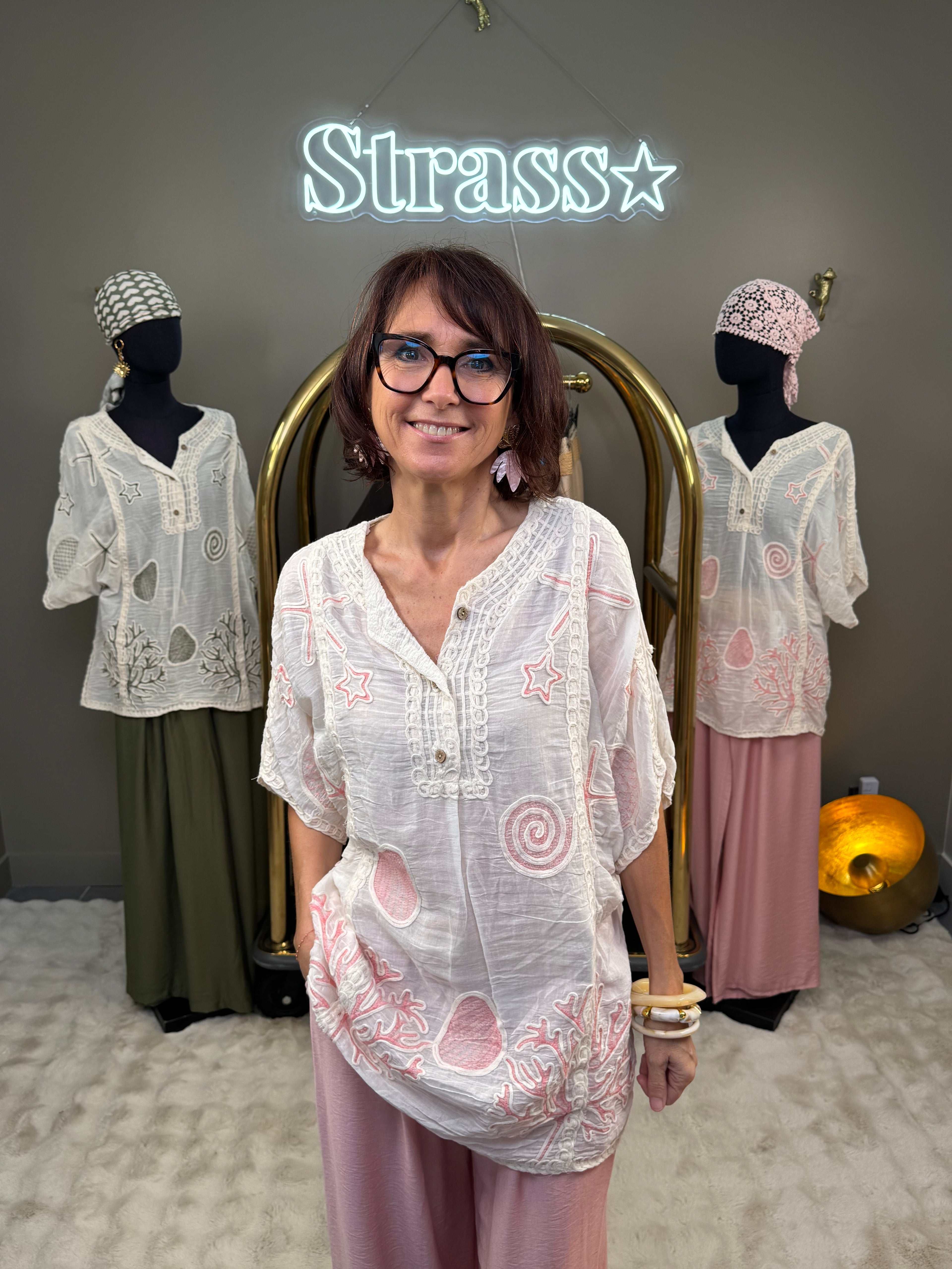 Blouse Brodée Coquillages Rose