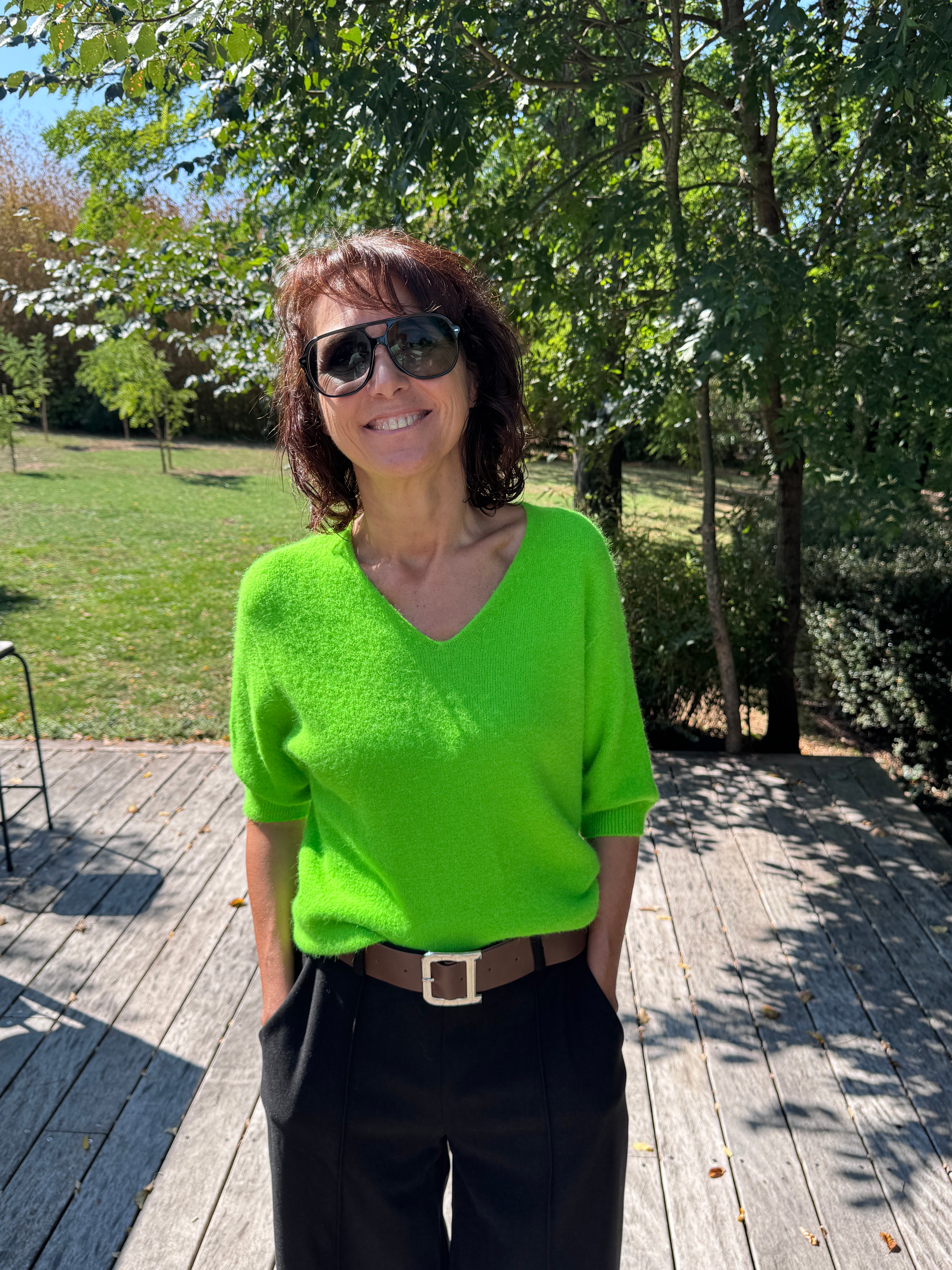 Pull Vincent Col V Manche Courte Vert Fluo