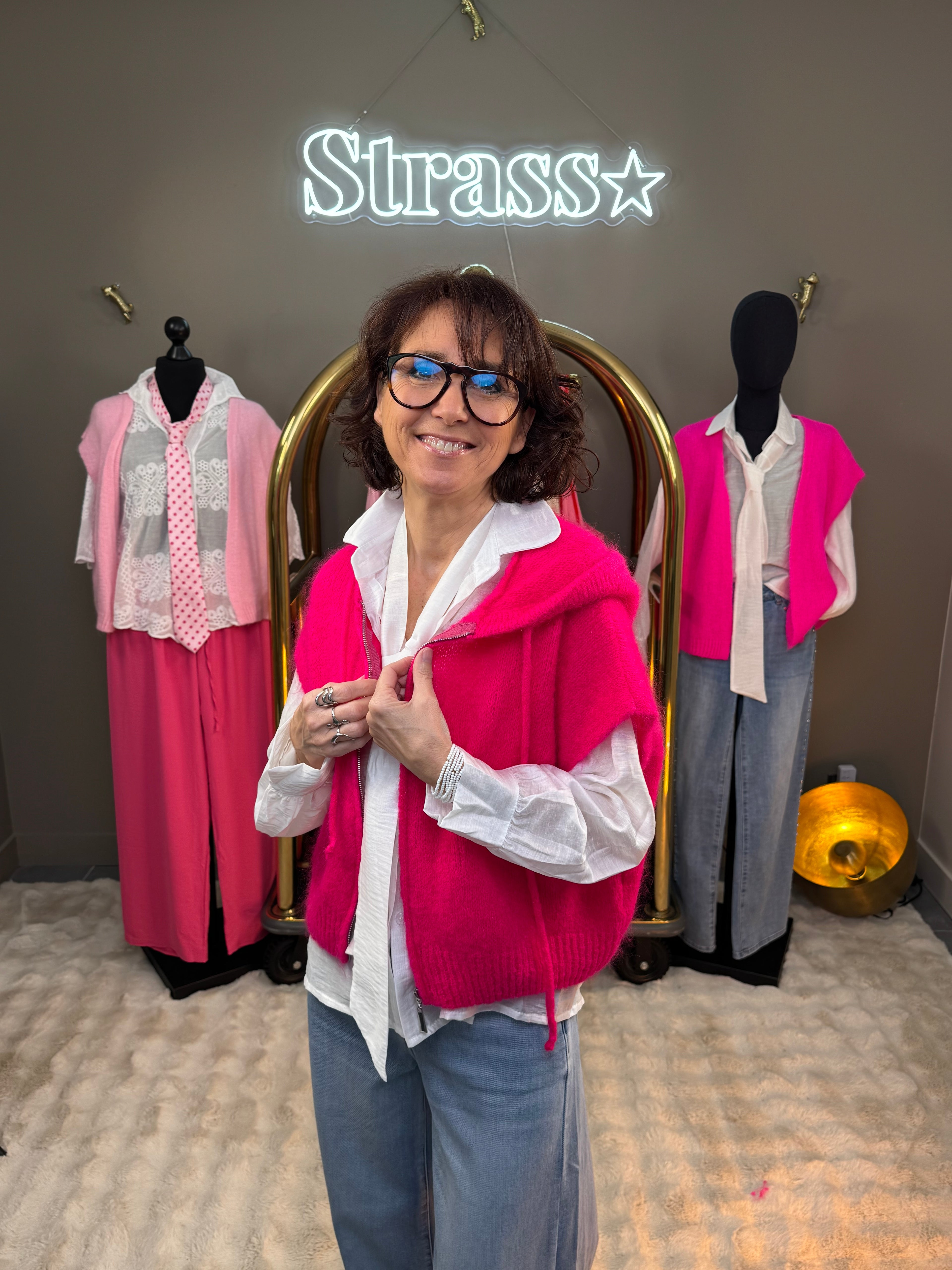 Gilet Mohair Capuche Rose Fluo