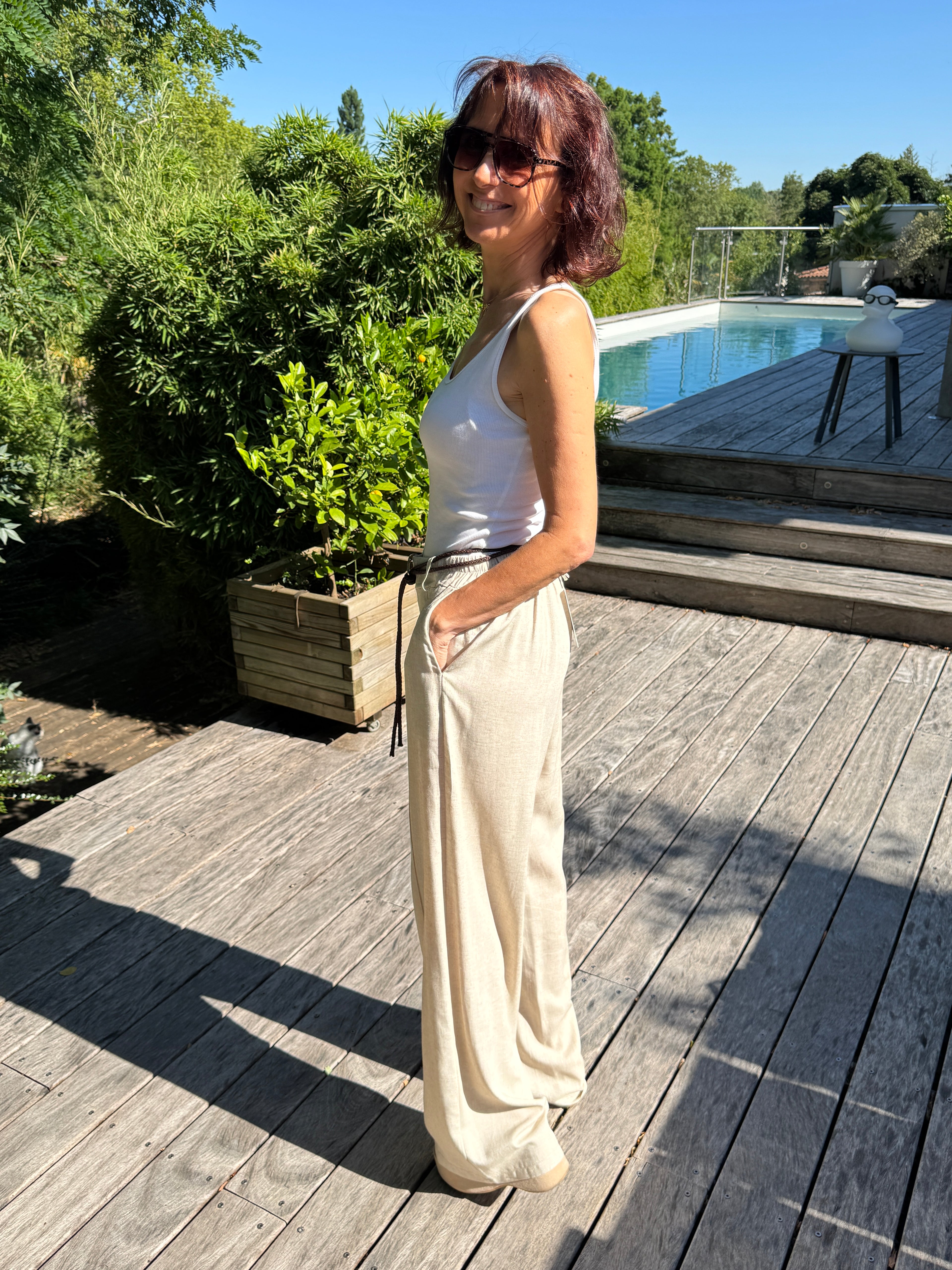 Pantalon Lin et Viscose Ceinture Beige