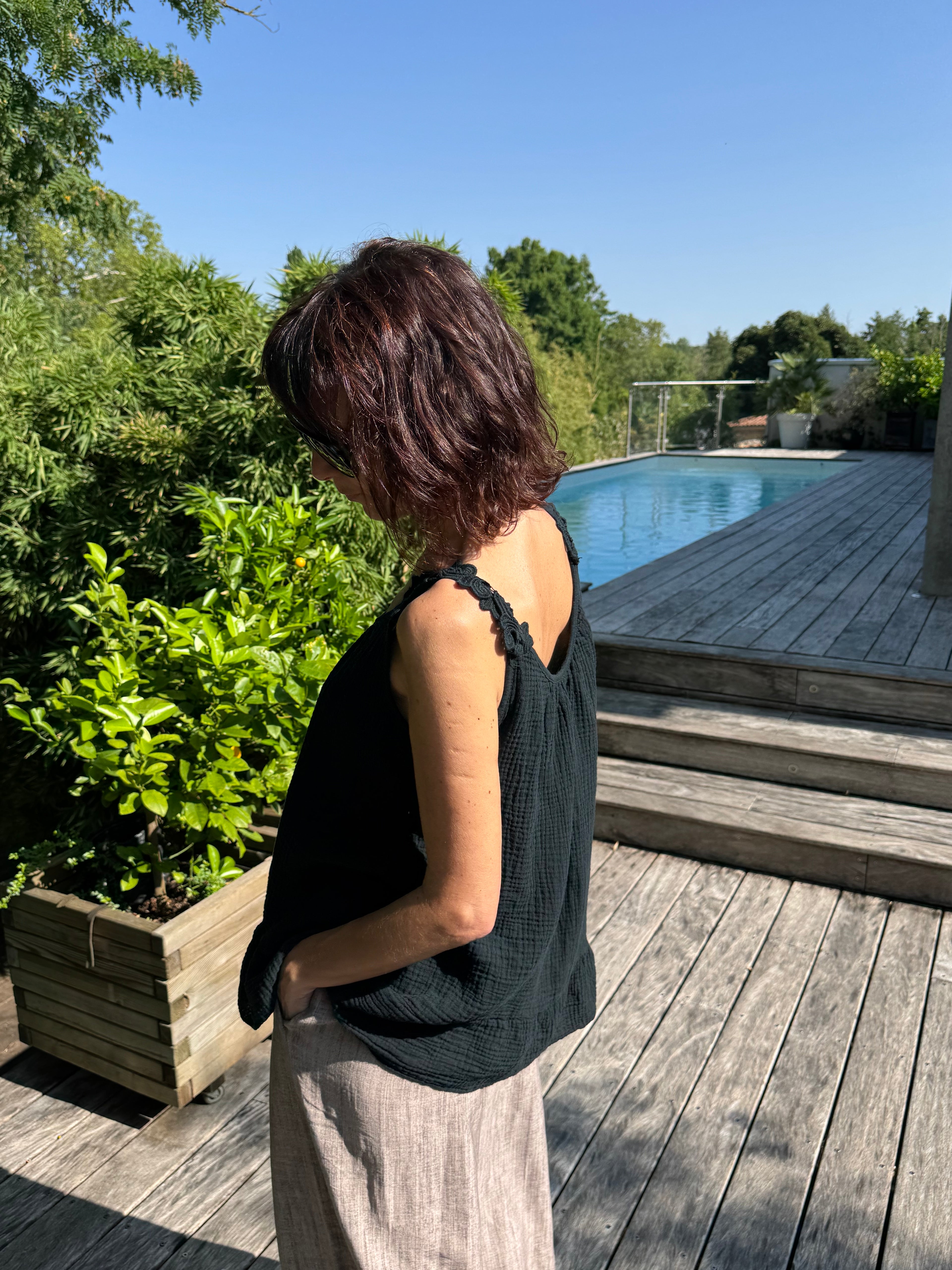 Débardeur Gaze de Coton et Passementerie Noir