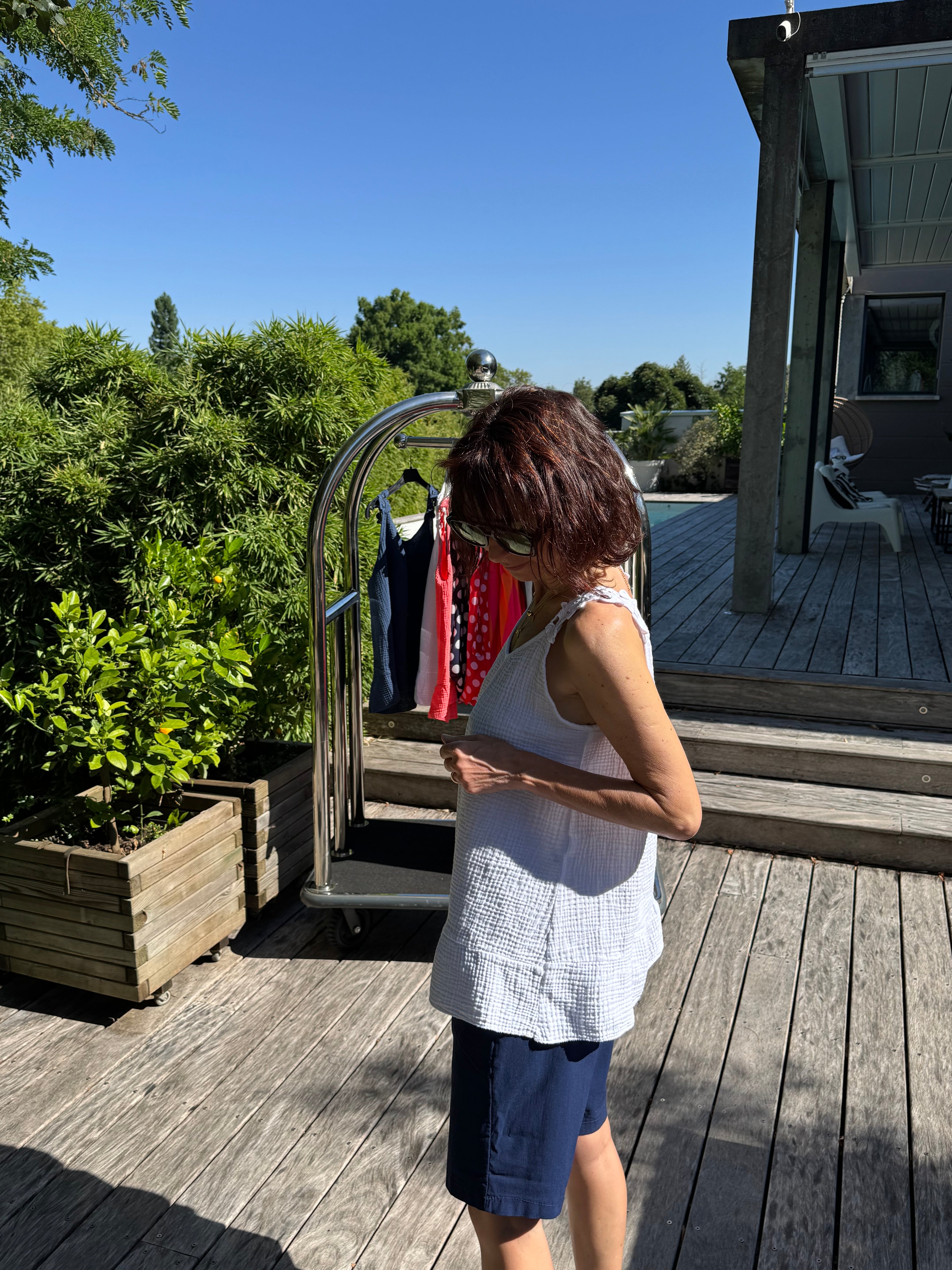 Débardeur Gaze de Coton et Passementerie Blanc
