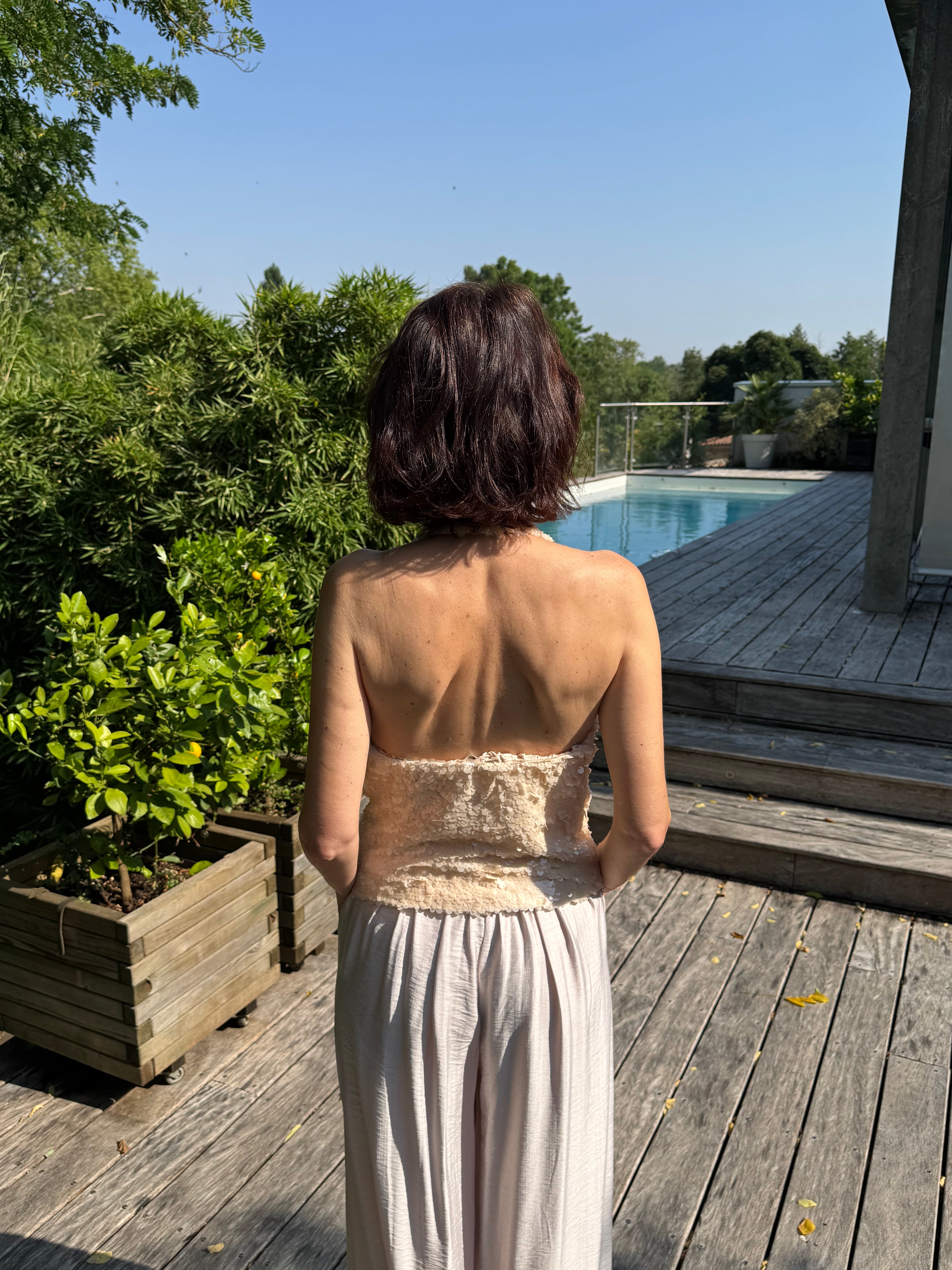 Dos Nu Sequins Écru Beige Rosé