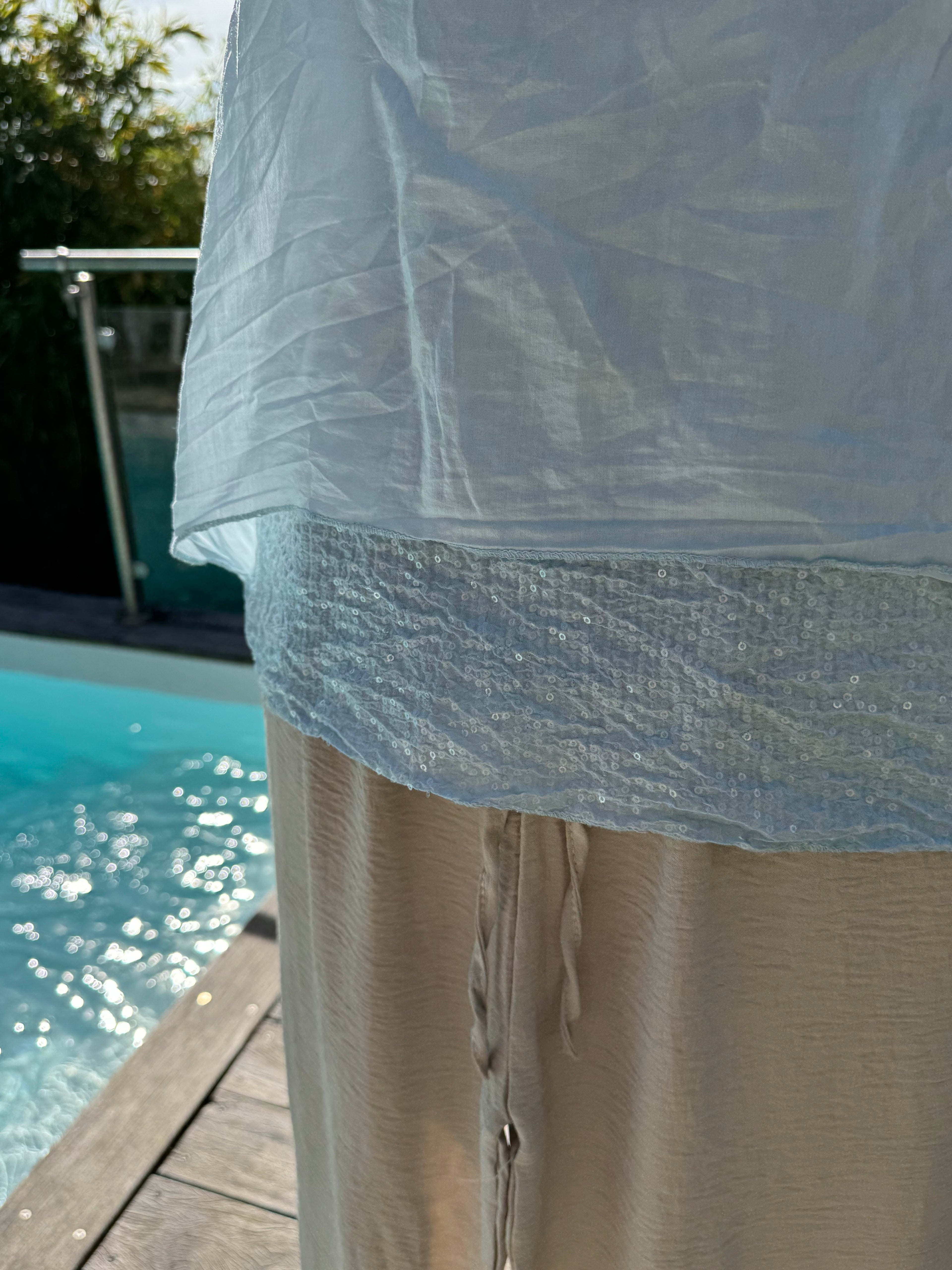 Blouse Soie et Paillettes Bleu Ciel