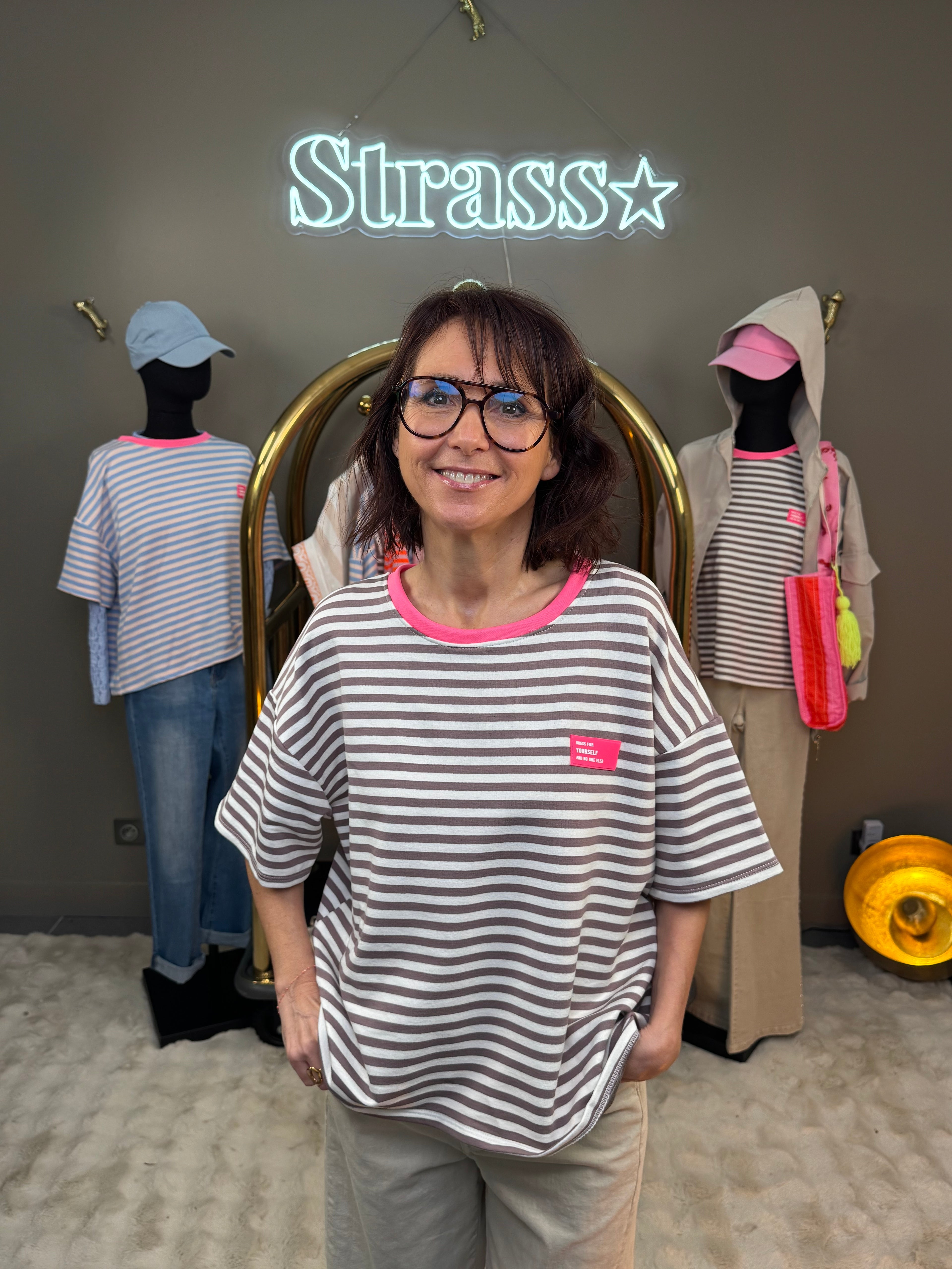 Tee Shirt Dress Taupe et Rose Fluo