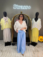 Pantalon Fleur Bleu Ciel