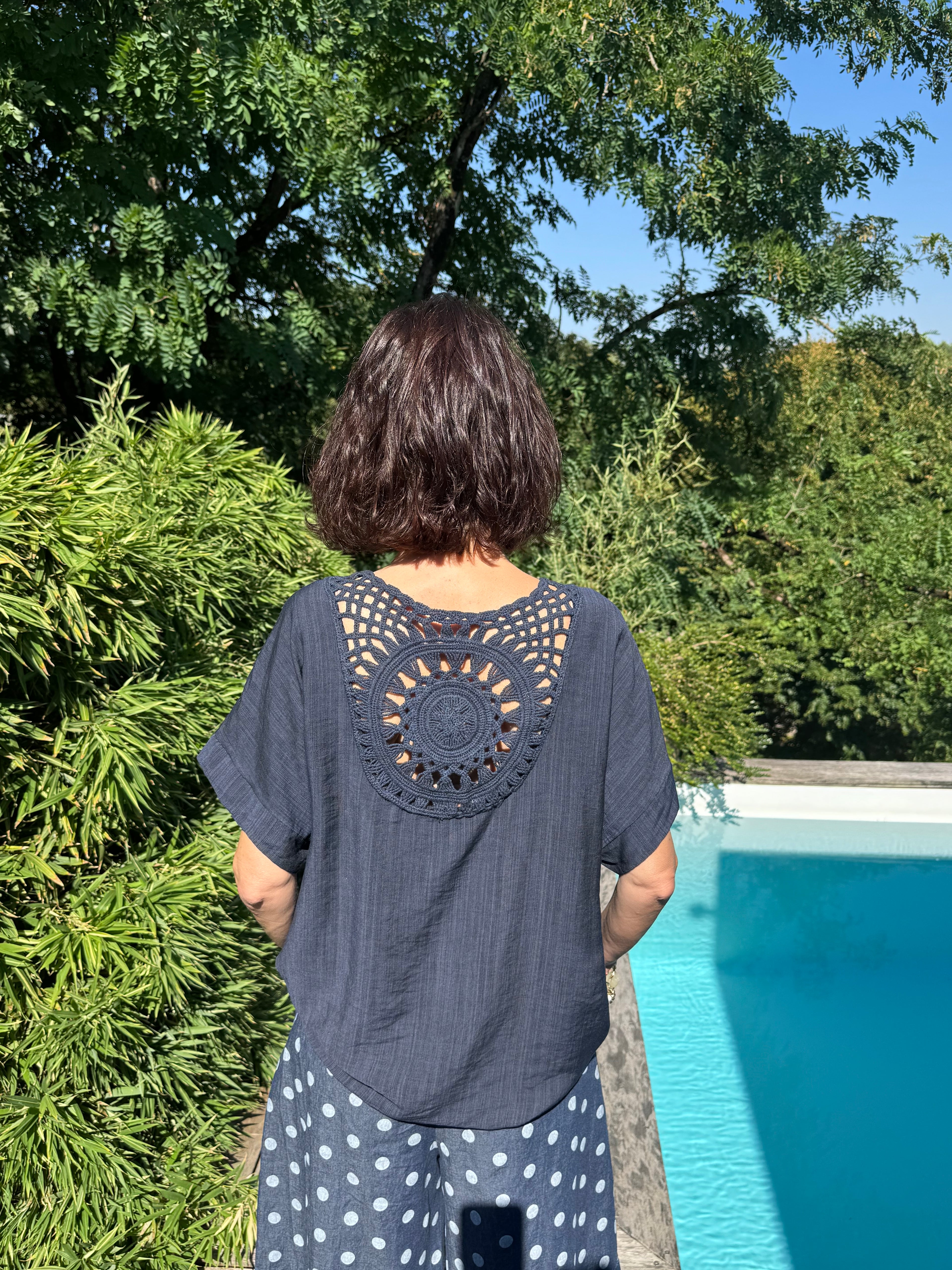 Top Dos Dentelle Bleu Marine