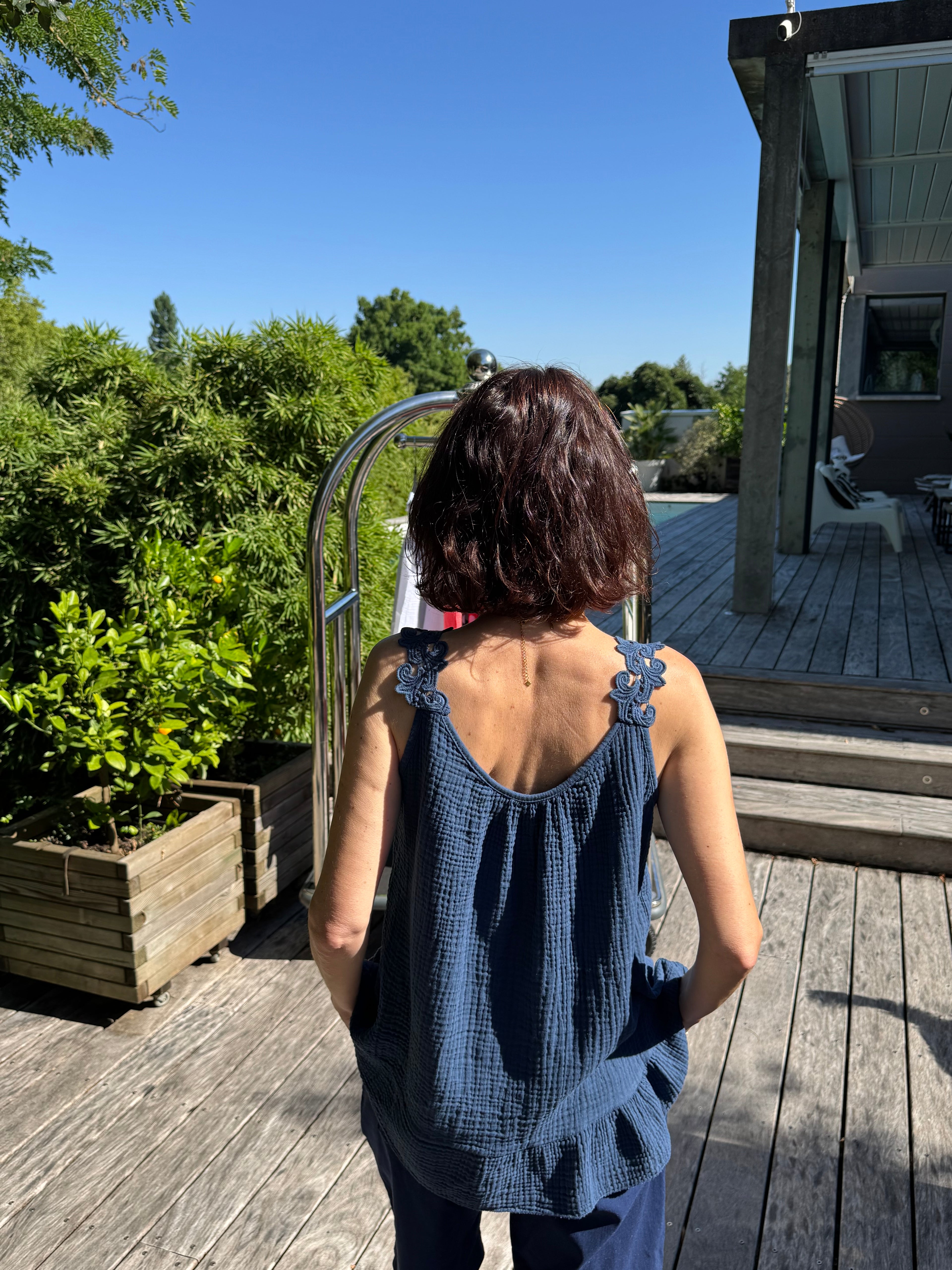 Débardeur Gaze de Coton et Passementerie Bleu Marine