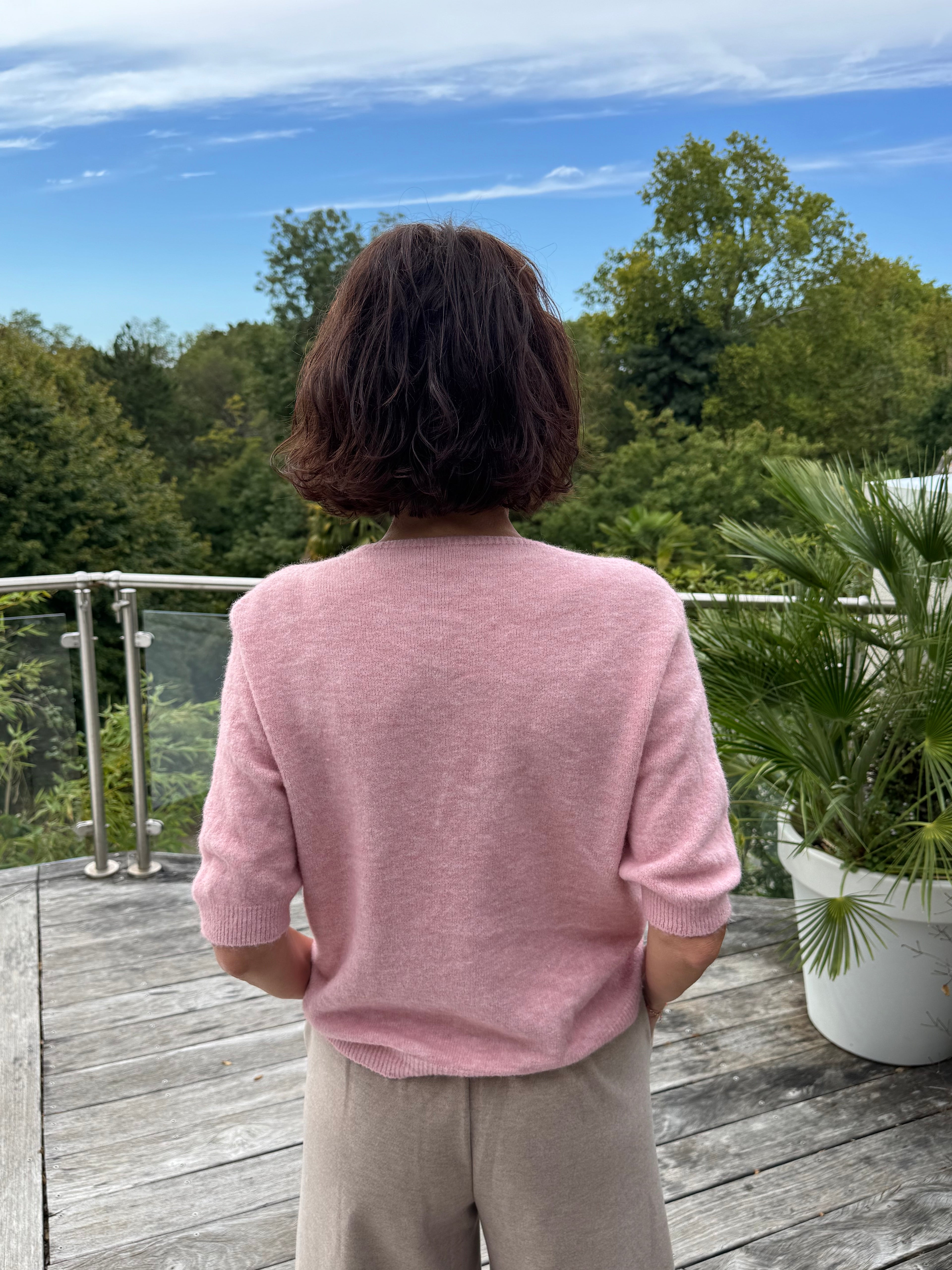 Pull Vincent Col V Manche Courte Rose