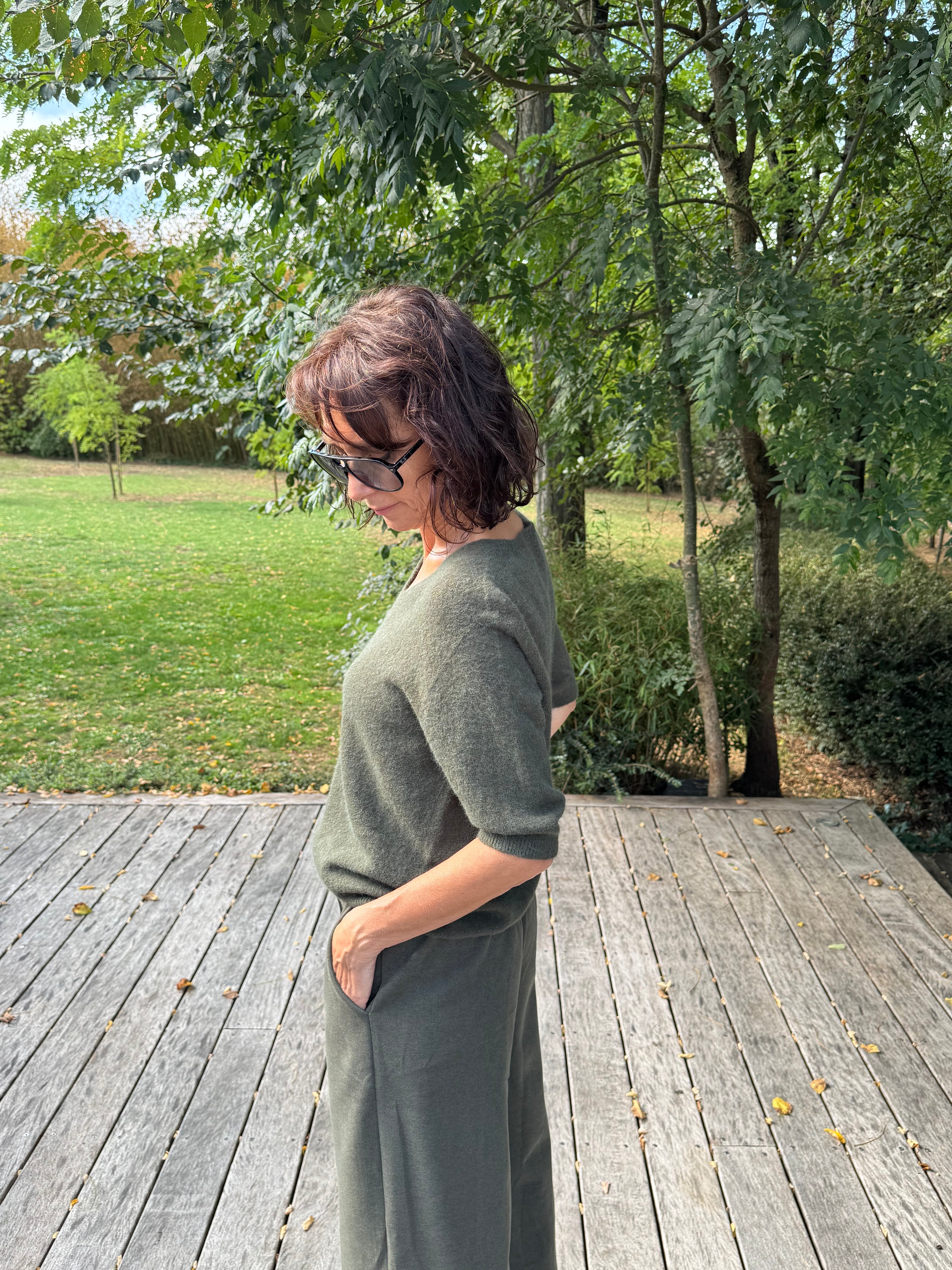 Pull Vincent Col V Manche Courte Kaki