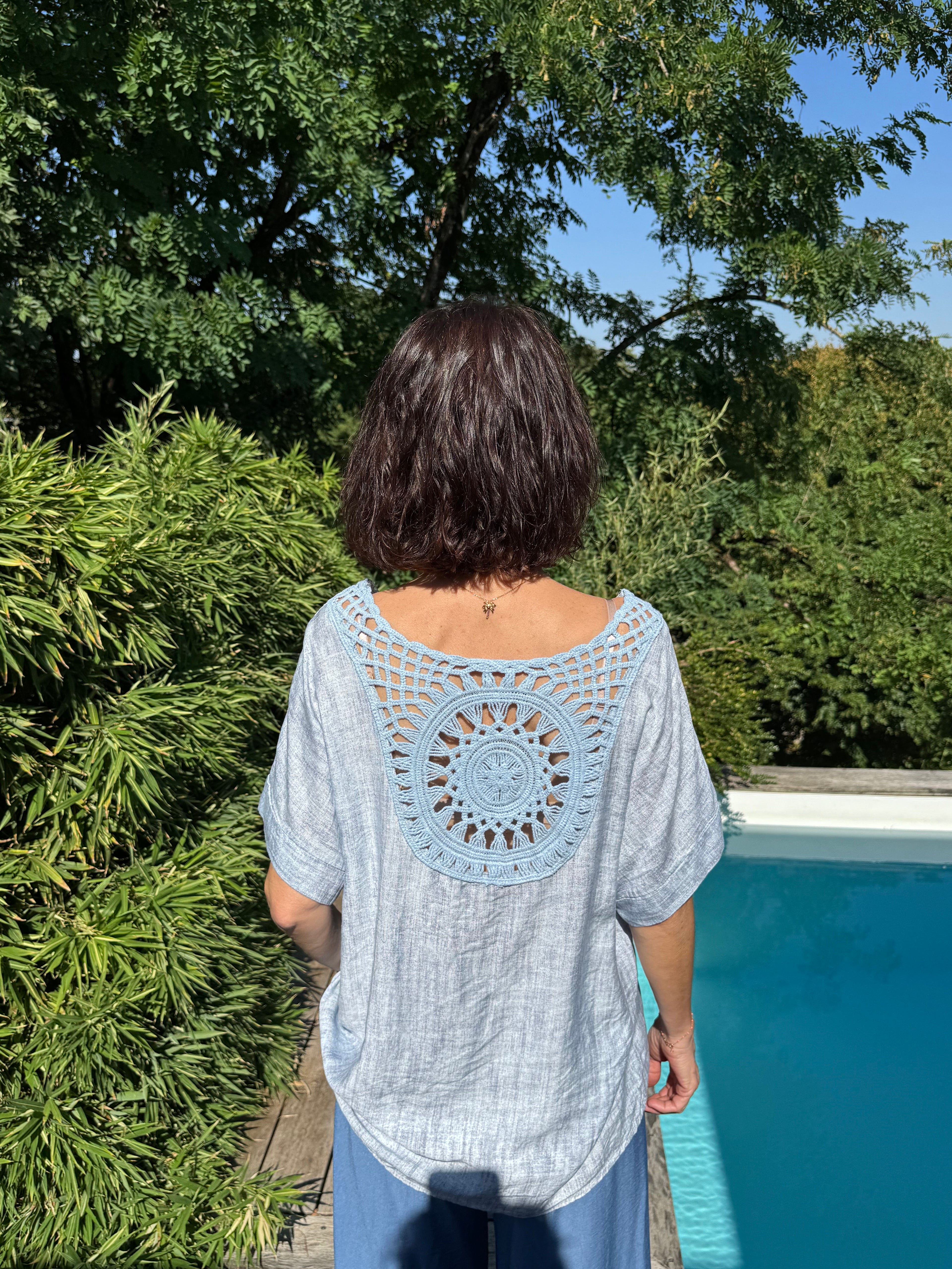 Top Dos Dentelle Bleu Ciel