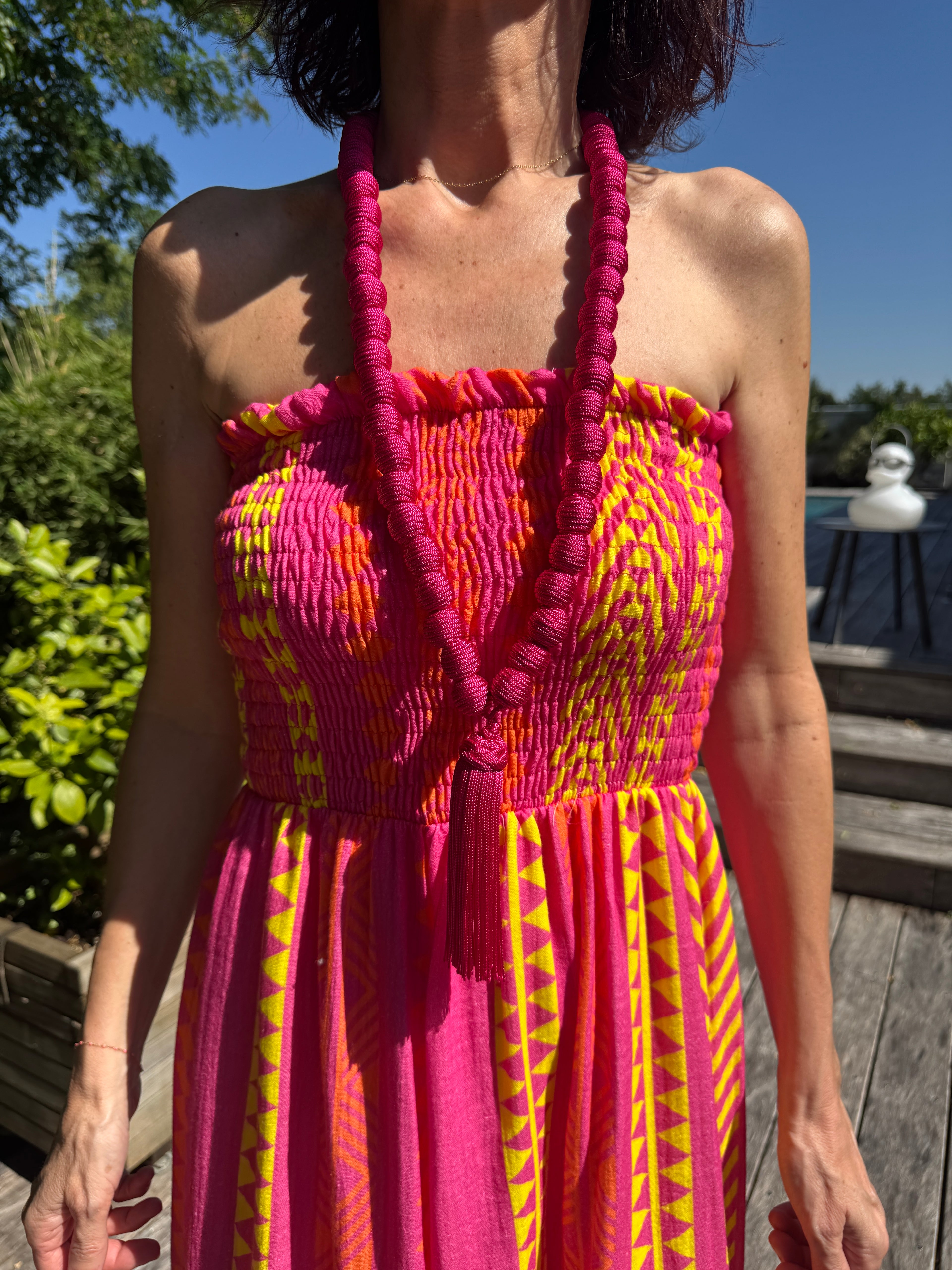 Sautoir Boules et Pompons Fuschia
