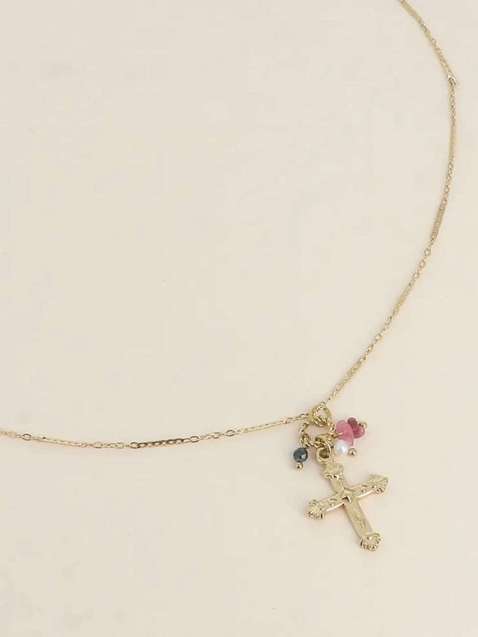 Collier Croix et Pierres Doré