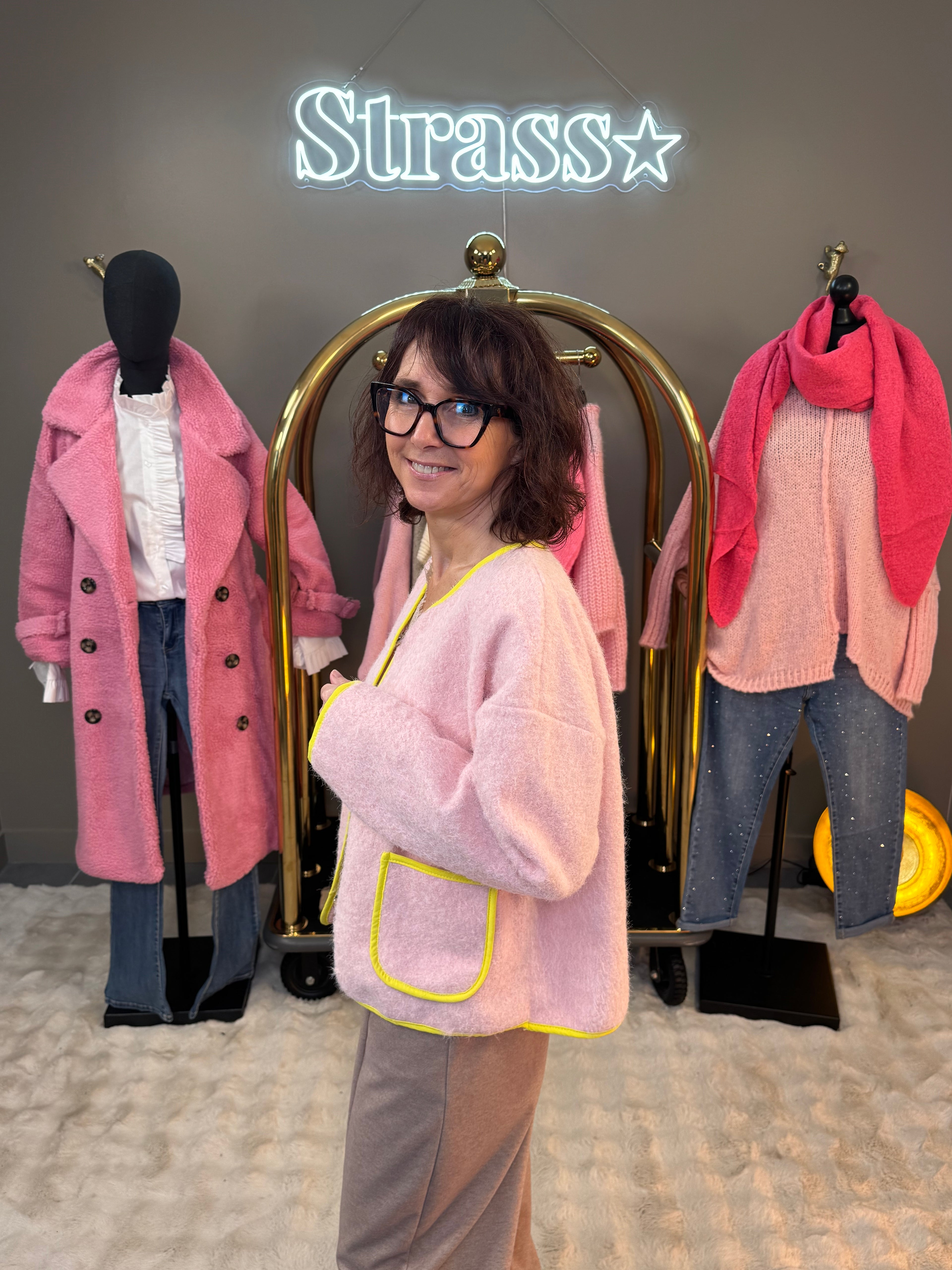 Veste Laine Rase Rose et Jaune Fluo