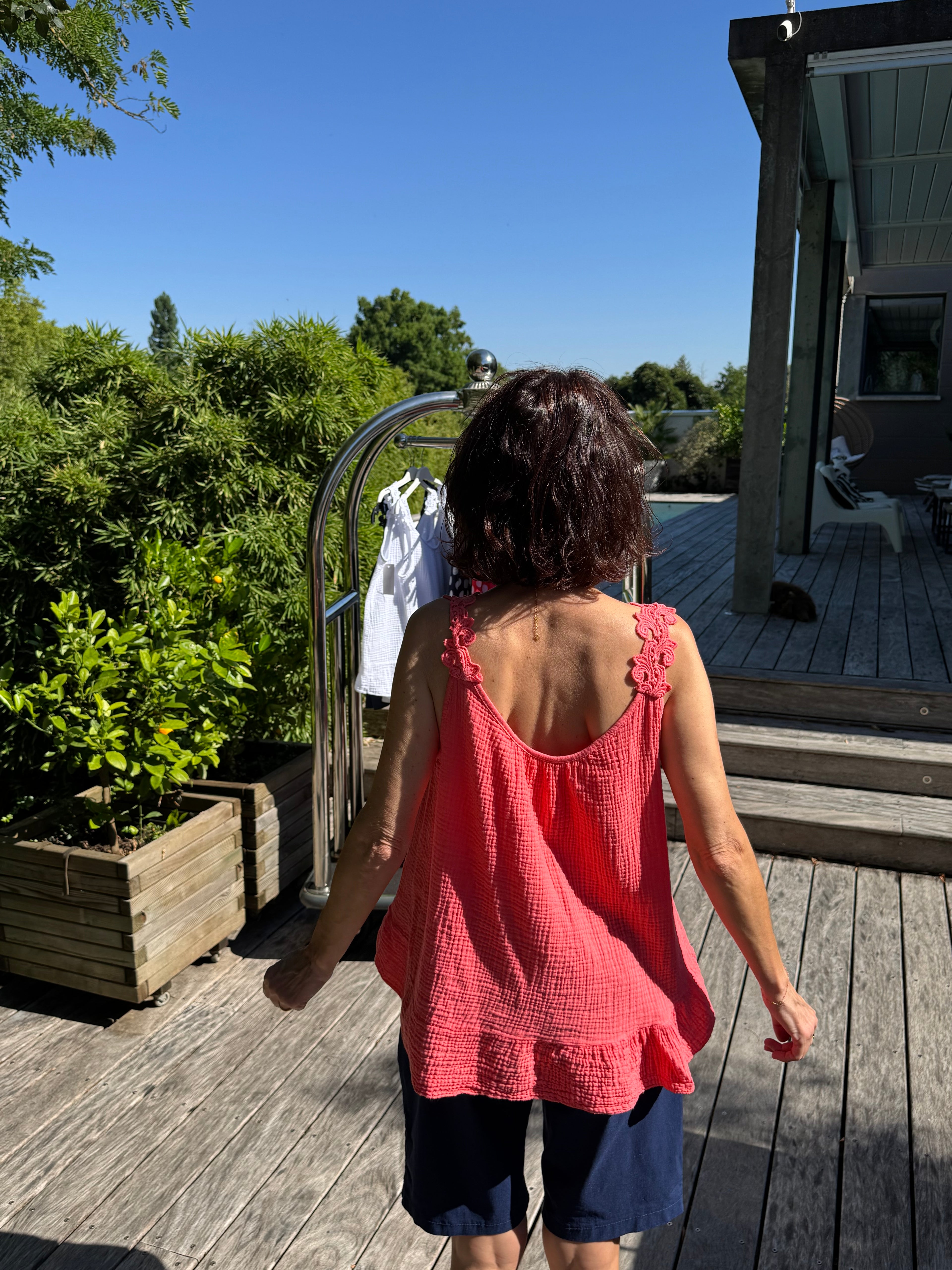 Débardeur Gaze de Coton et Passementerie Corail