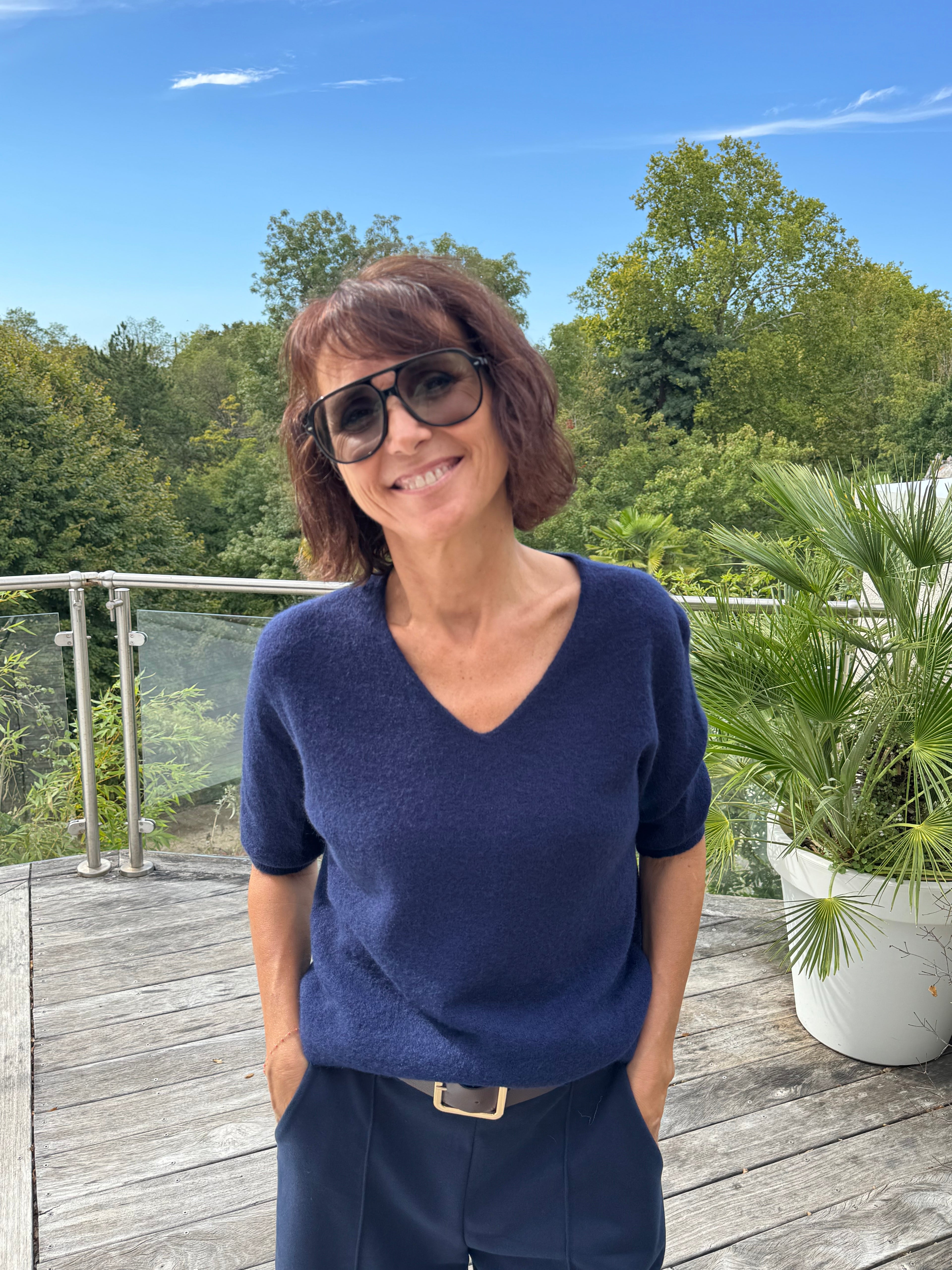 Pull Vincent Col V Manche Courte Bleu Marine