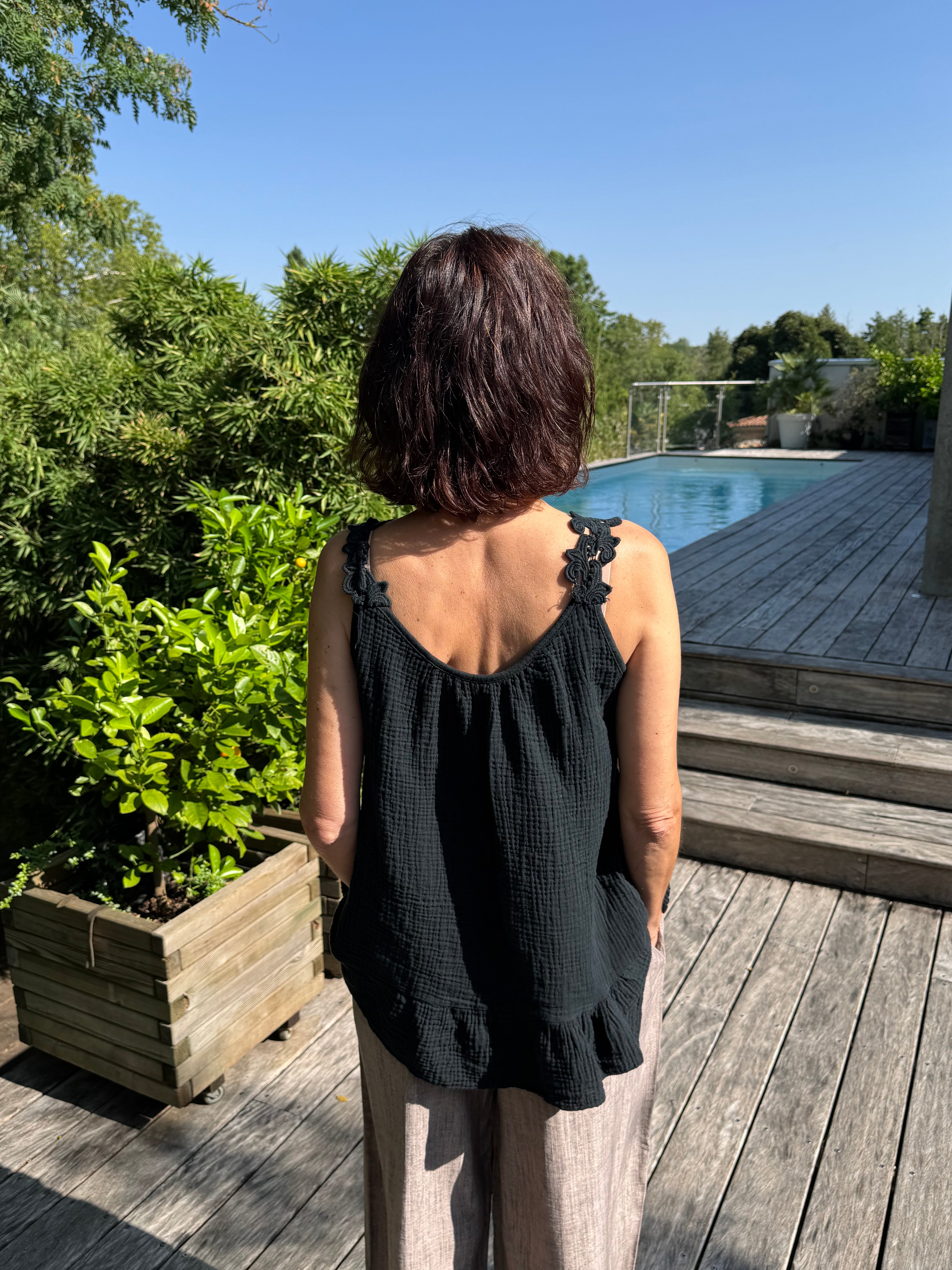Débardeur Gaze de Coton et Passementerie Noir