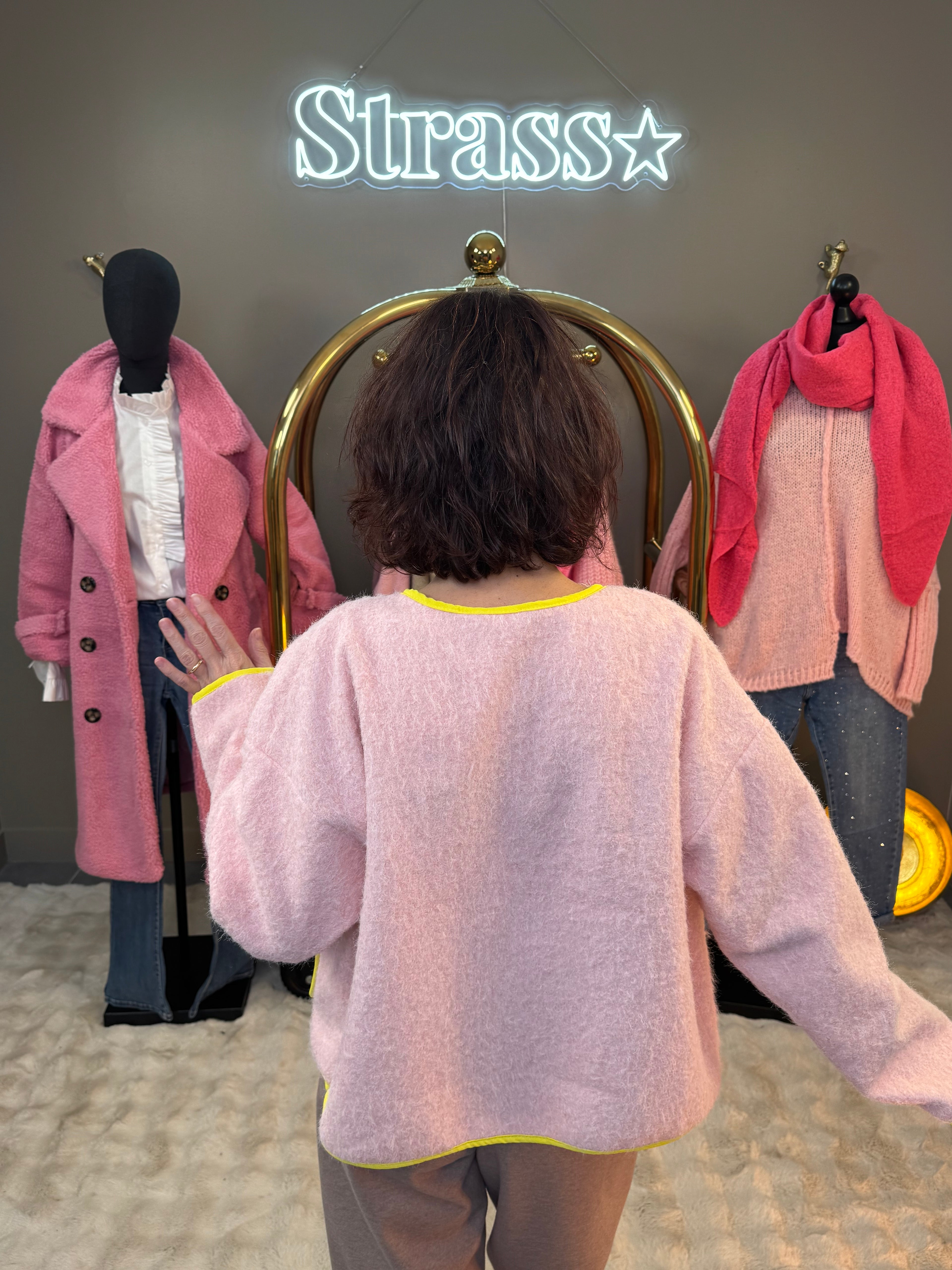 Veste Laine Rase Rose et Jaune Fluo