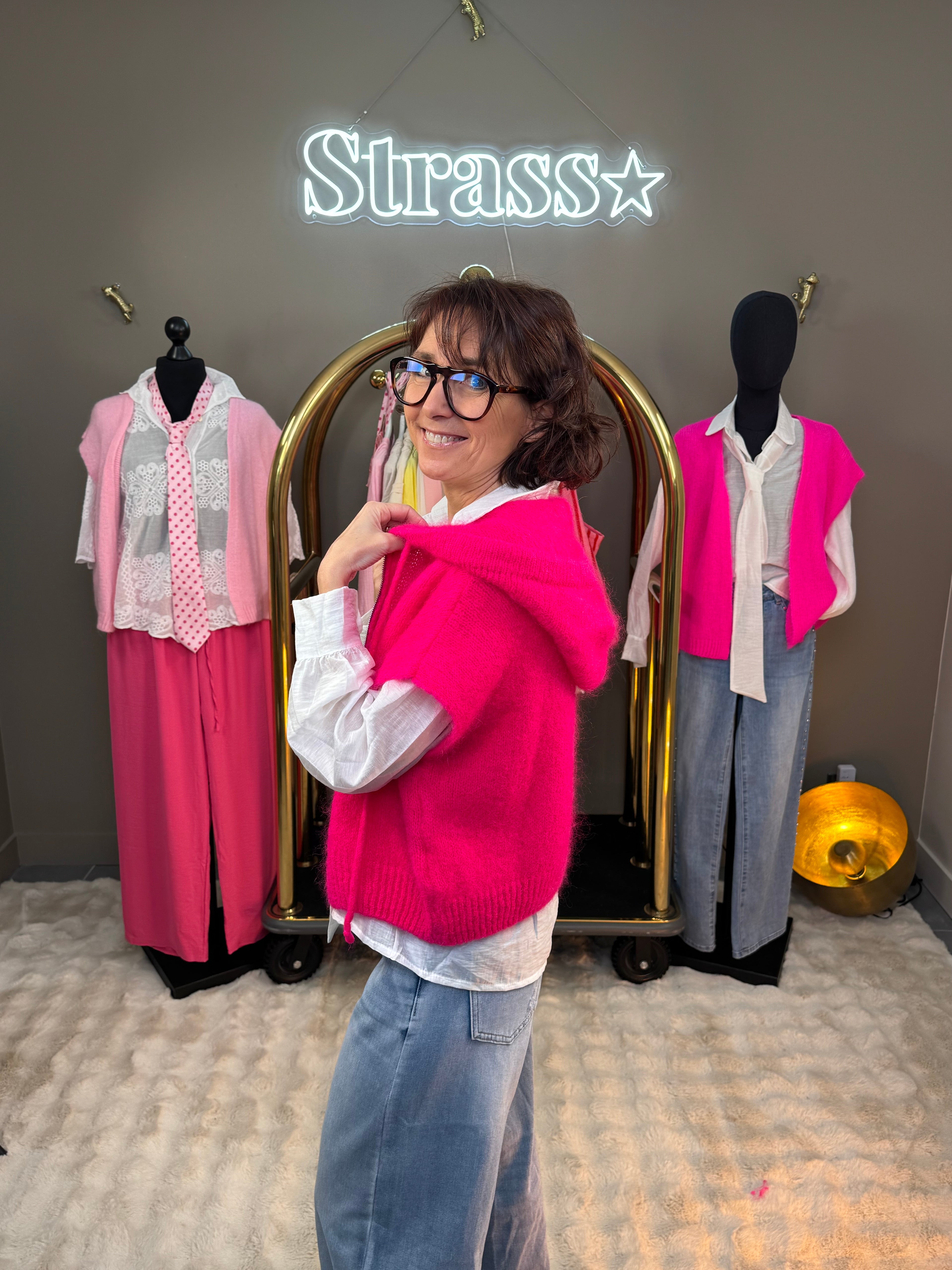 Gilet Mohair Capuche Rose Fluo