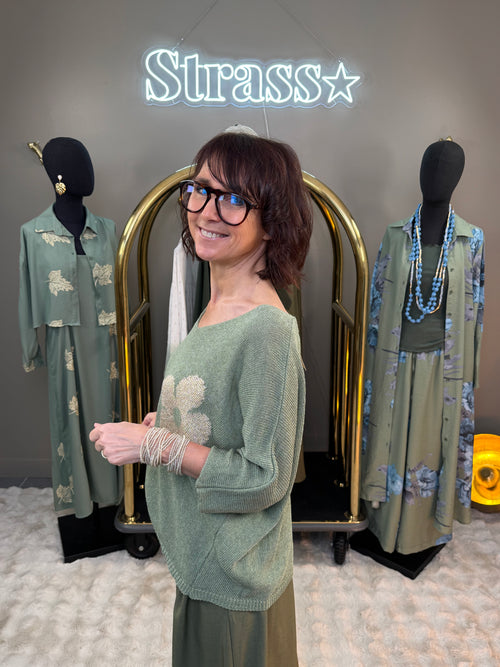 Pull Fleur Lamé Kaki