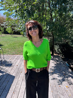 Pull Vincent Col V Manche Courte Vert Fluo
