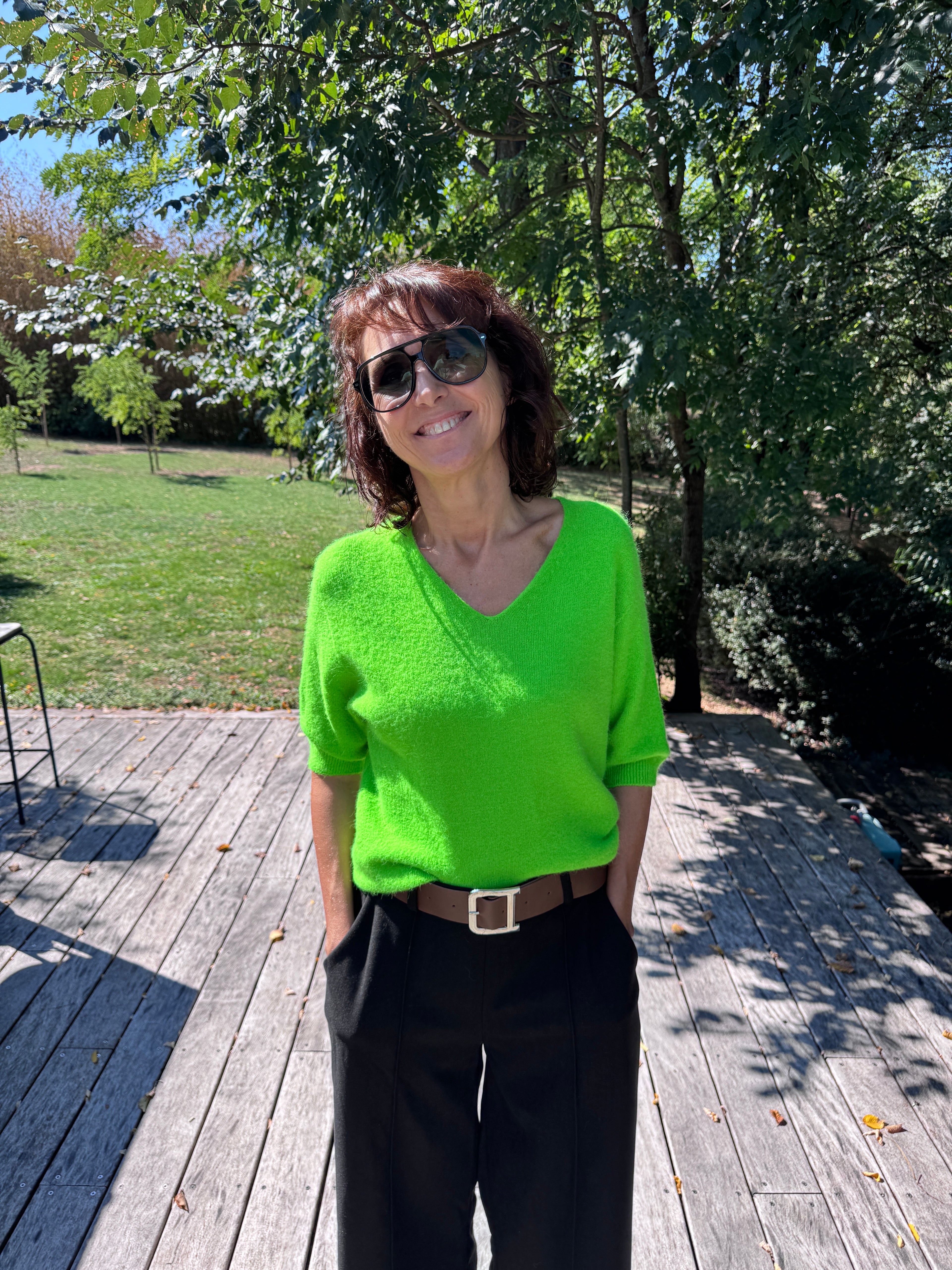 Pull Vincent Col V Manche Courte Vert Fluo