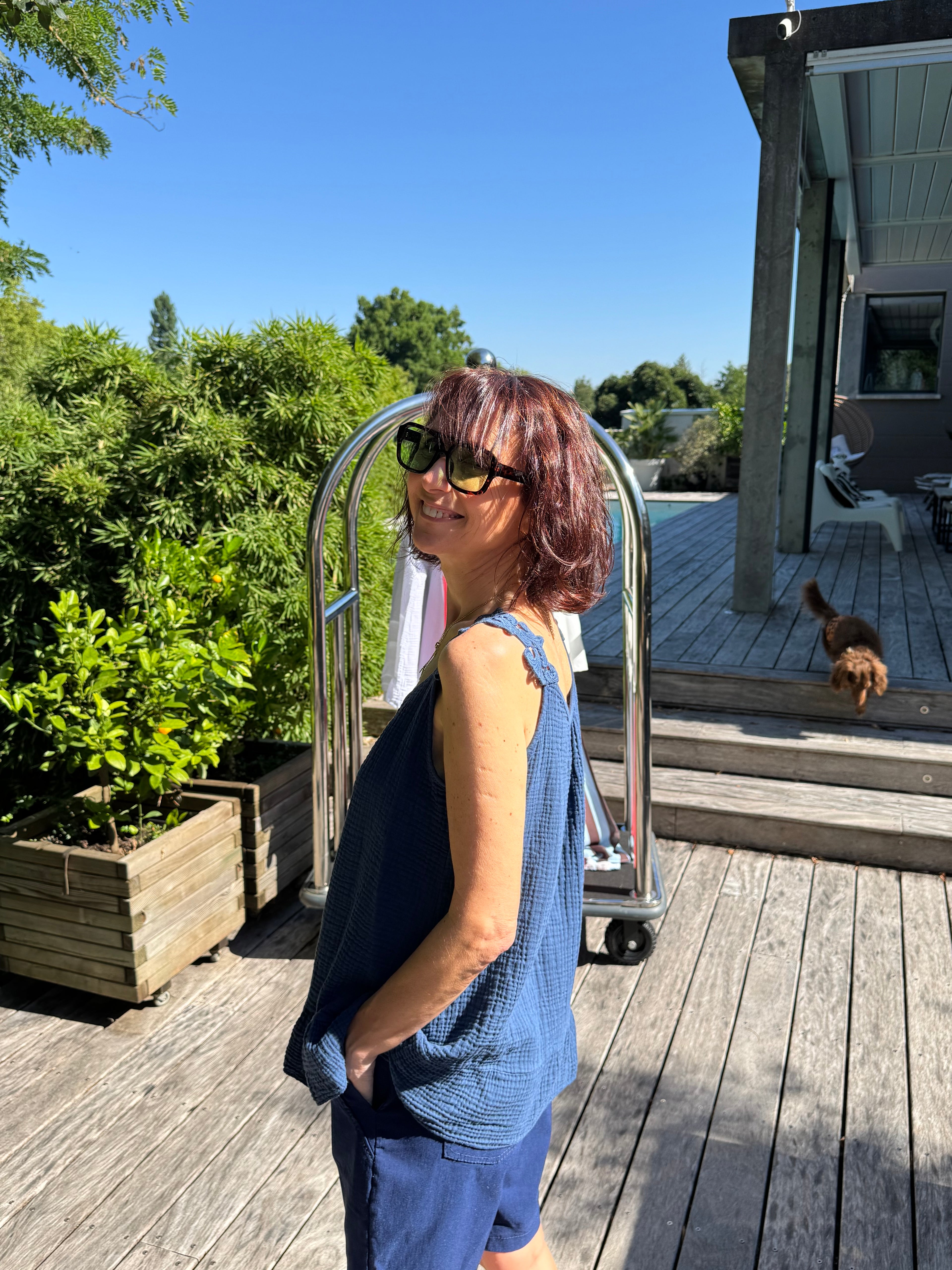 Débardeur Gaze de Coton et Passementerie Bleu Marine
