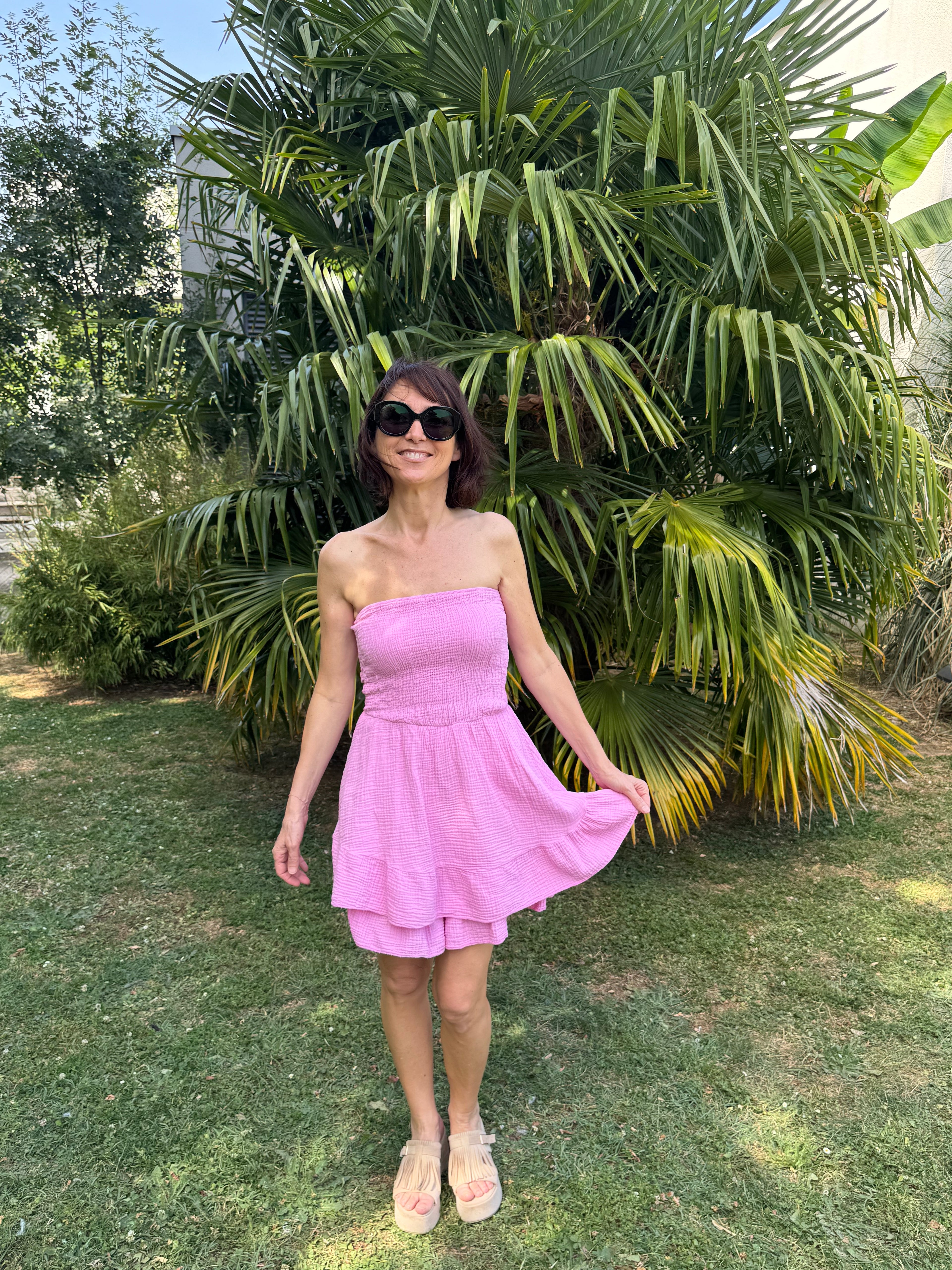 Combi Short Smock Gaze de Coton Rose